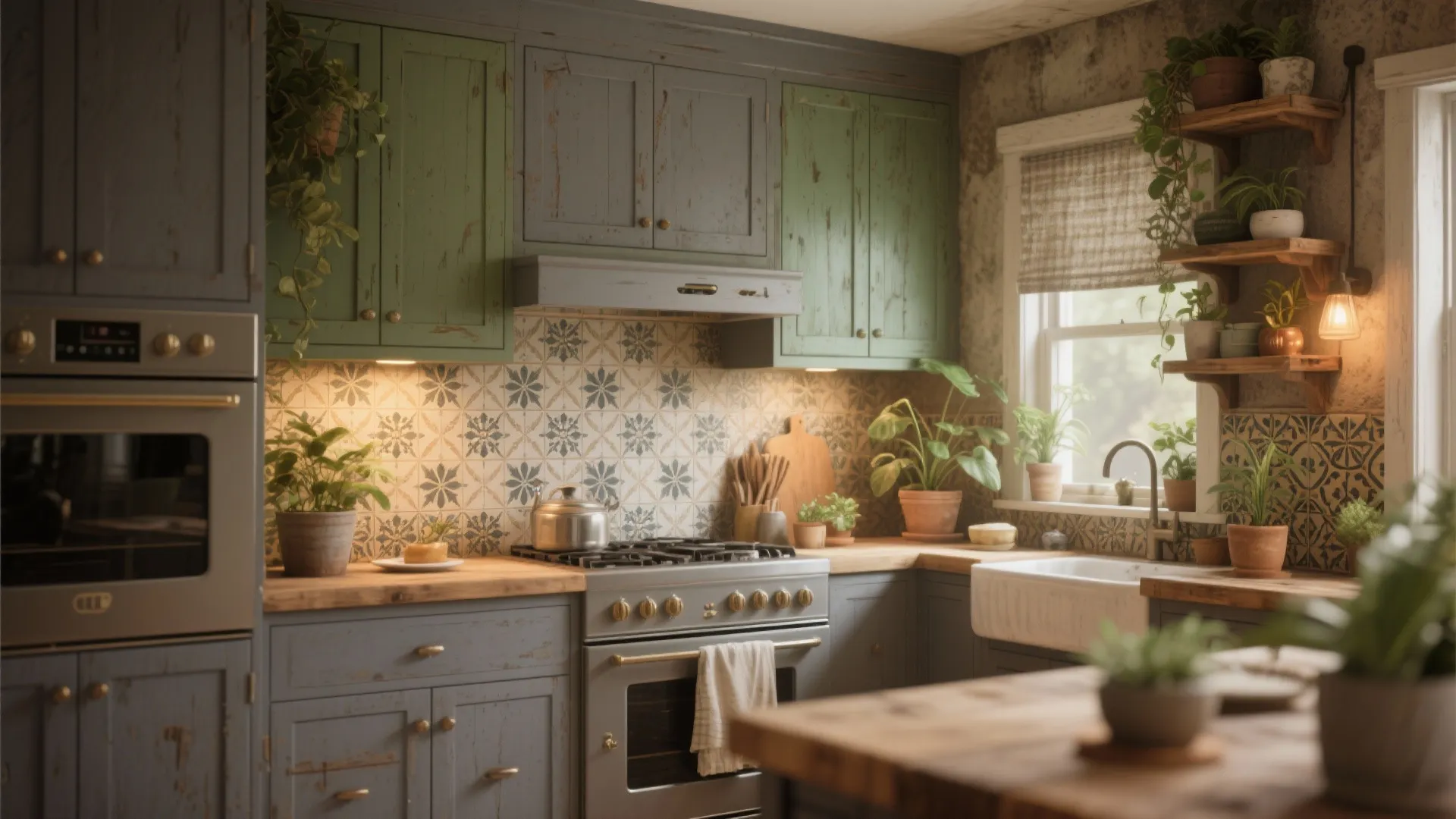 Warm mid-gray cabinets with green undertones, reclaimed wood shelves and vintage tiles.