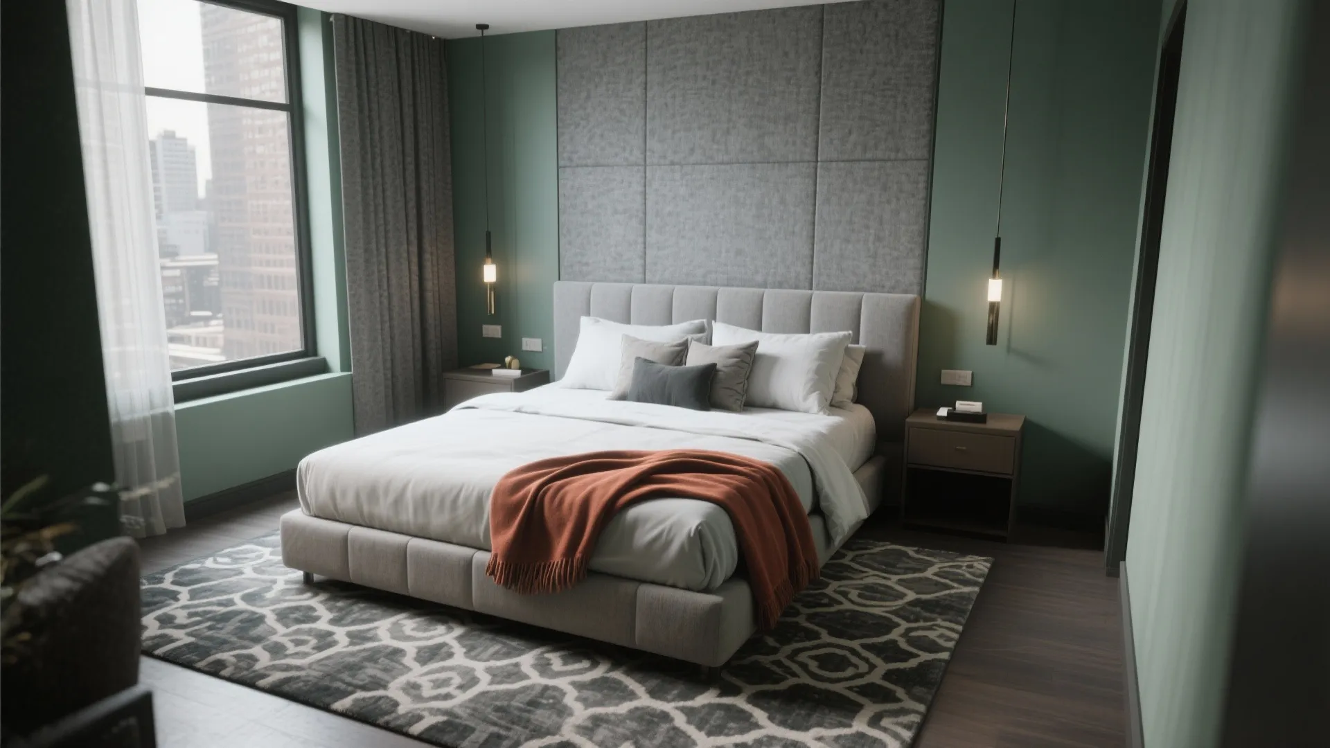 Sophisticated small bedroom with gray-green walls and textured fabrics