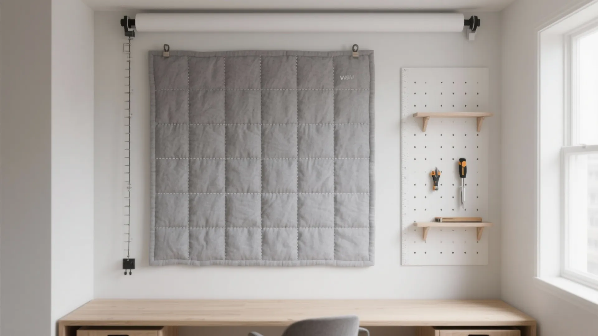 Minimalist gray flannel quilt design wall board with subtle 1-inch grid lines in a tidy micro studio.