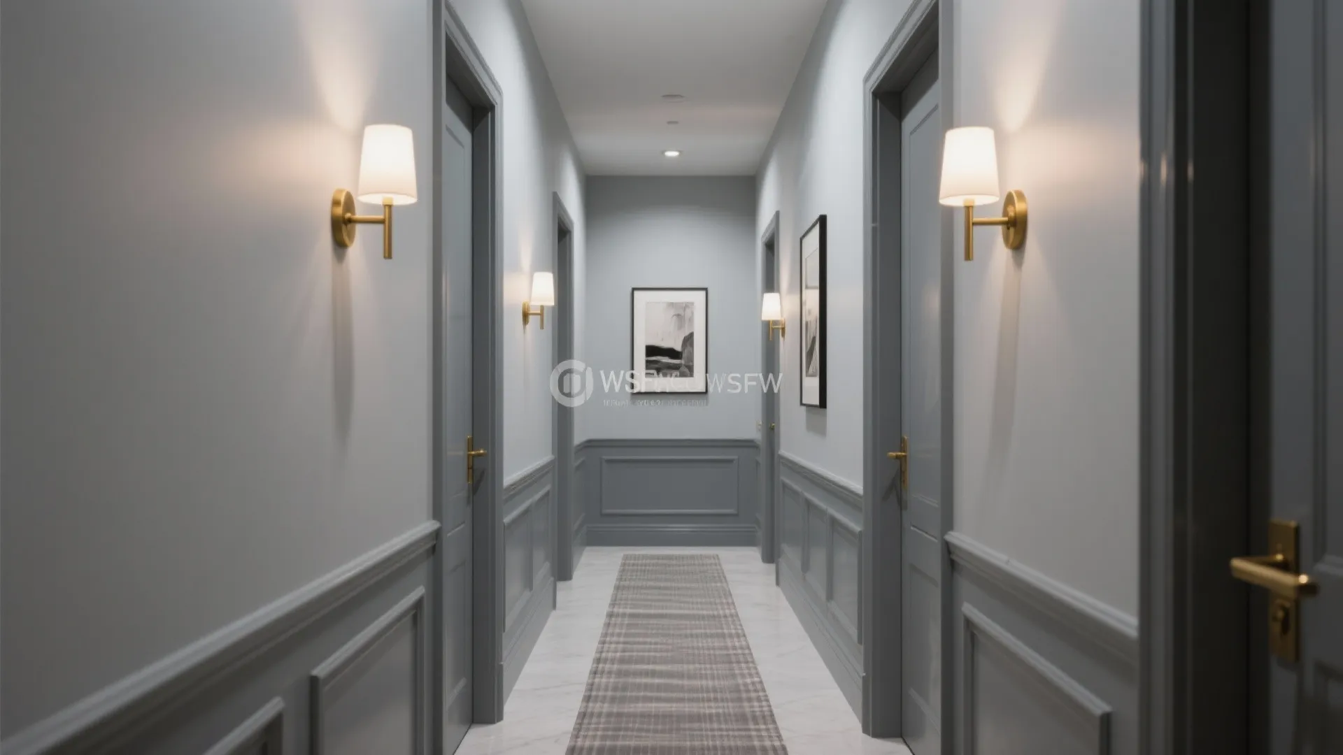 Modern grey hallway with wall lights grey wall panels floor rug and several closed room doors