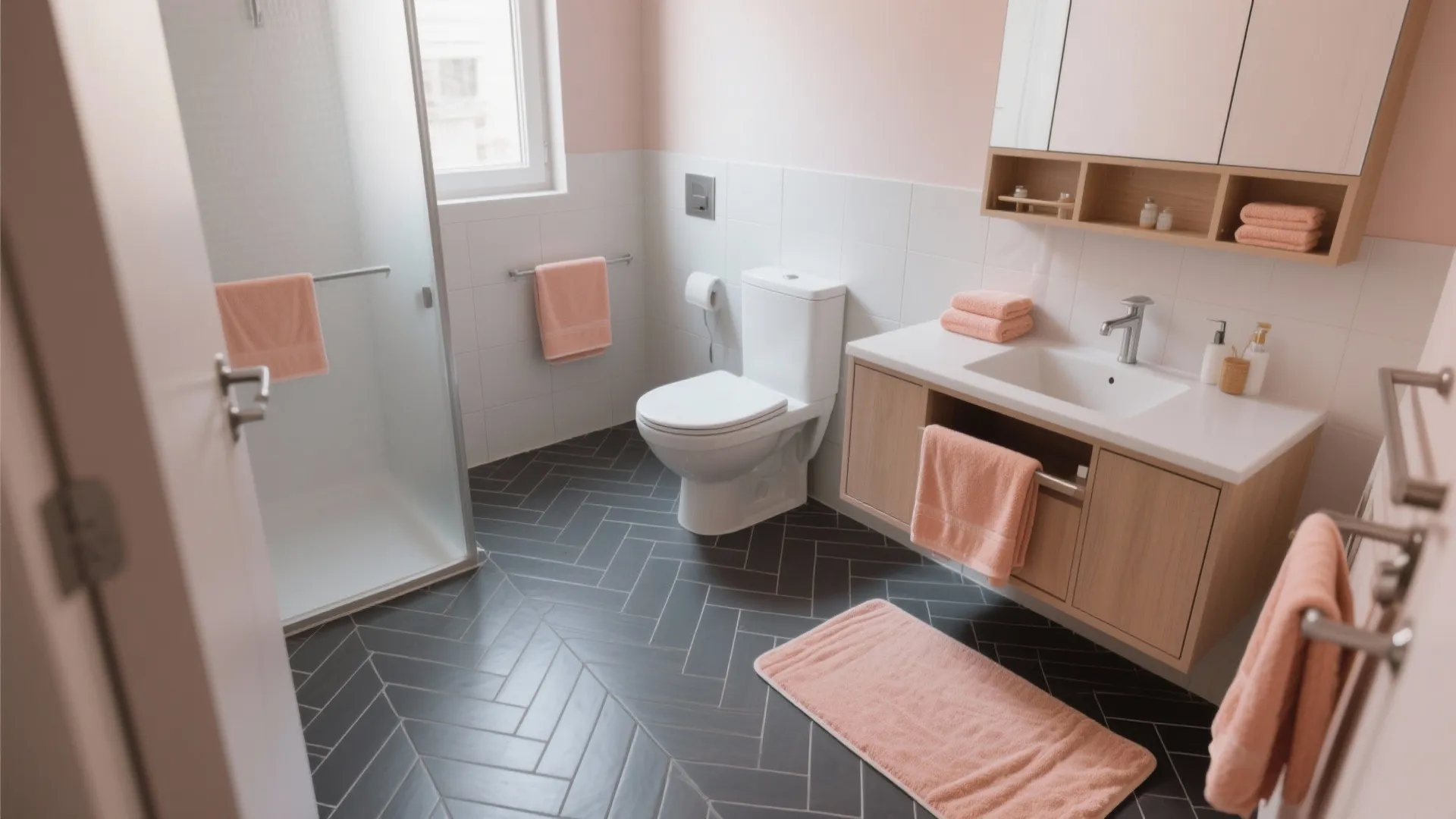 5. Gray Herringbone Floor with Peach Towels