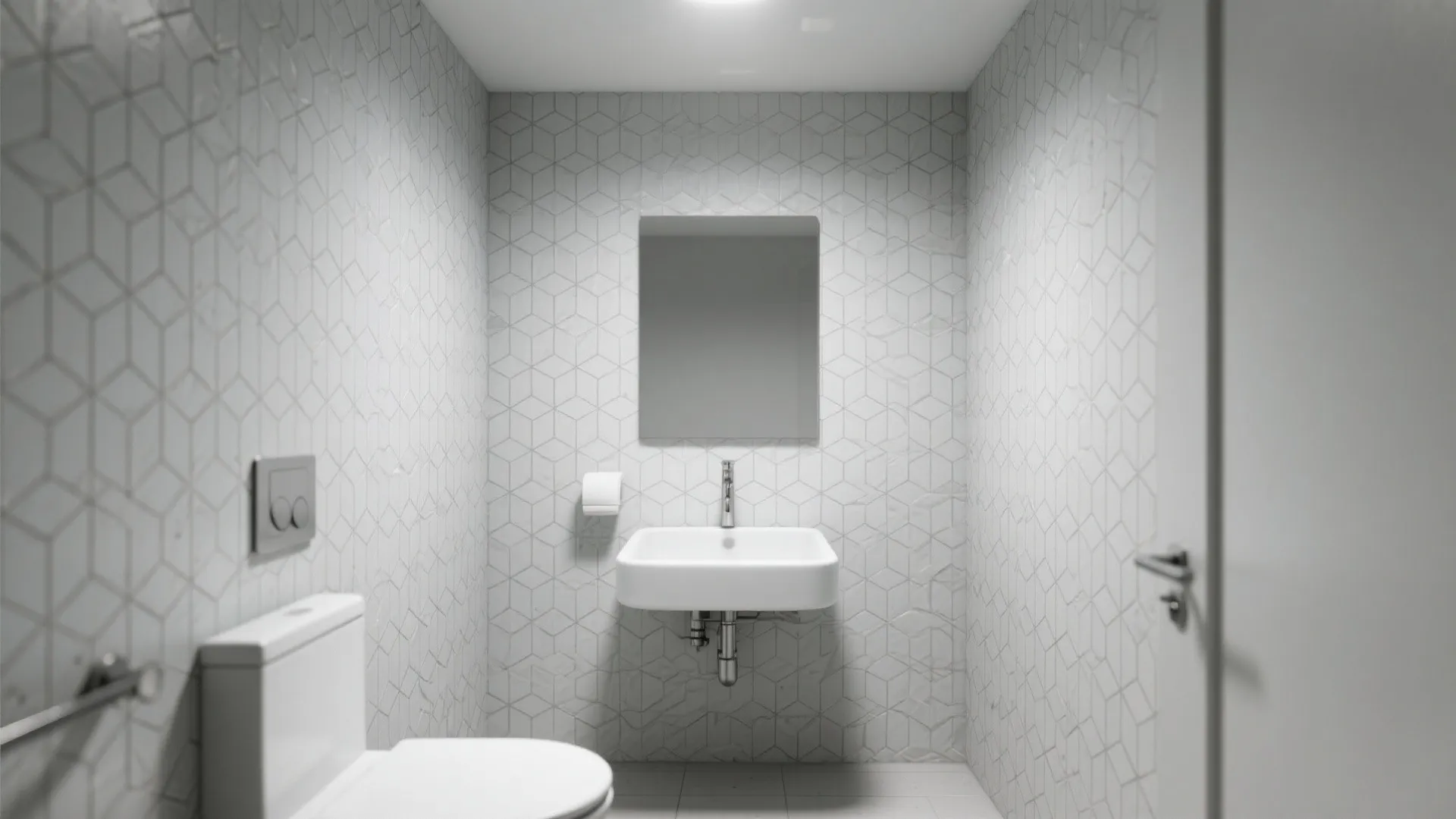 Small guest bathroom with fine-scale gray hex geometric wallpaper pattern