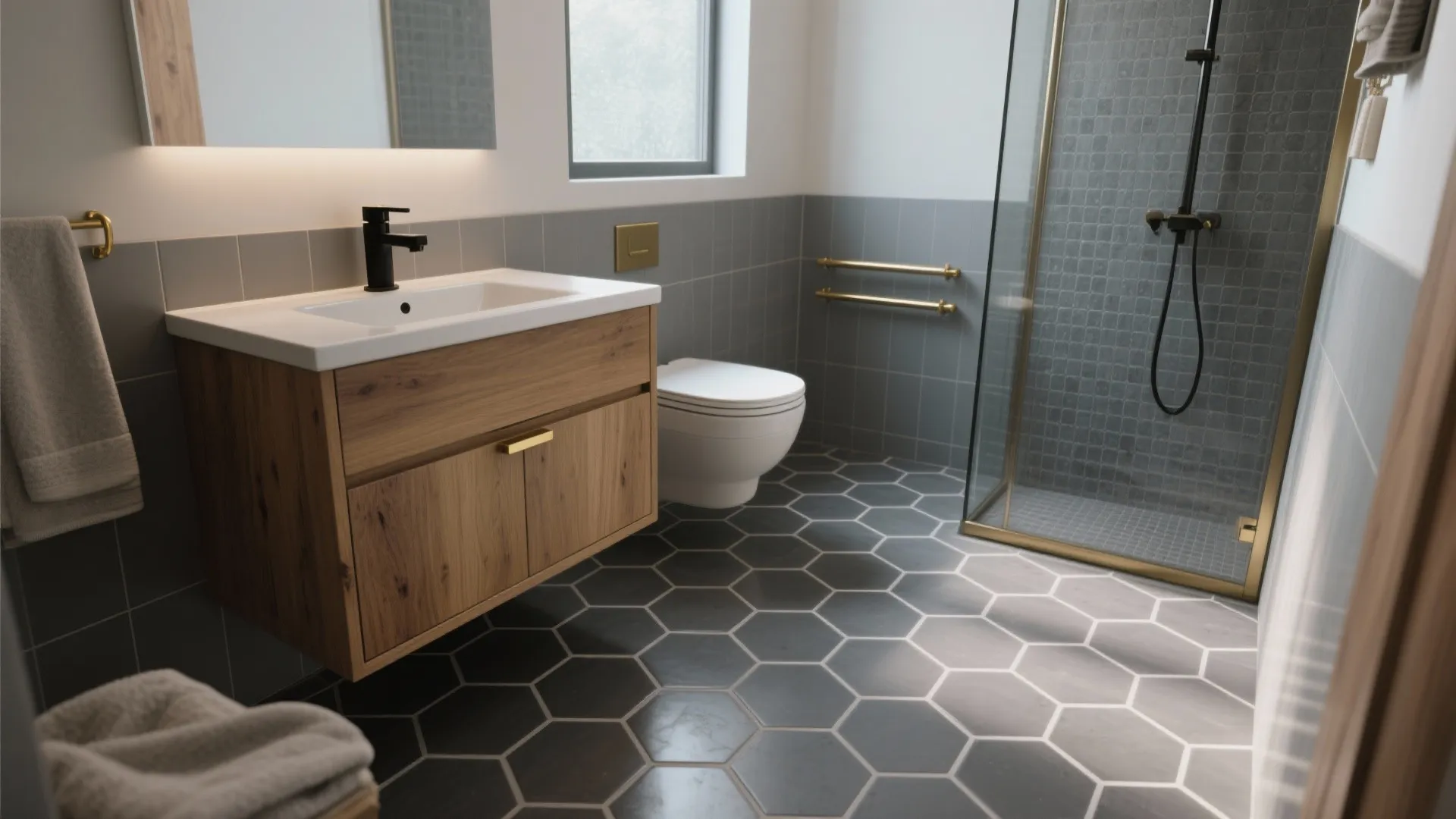 Modern bathroom with dark grey hexagon floor tiles wooden cabinet white sink and glass shower