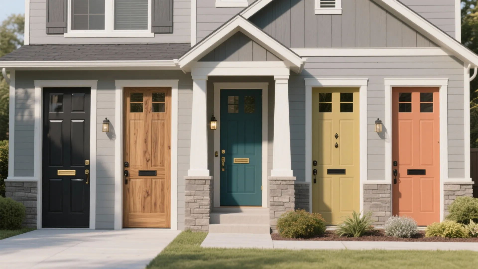 Modern grey house exterior with five front doors in black brown blue yellow and orange