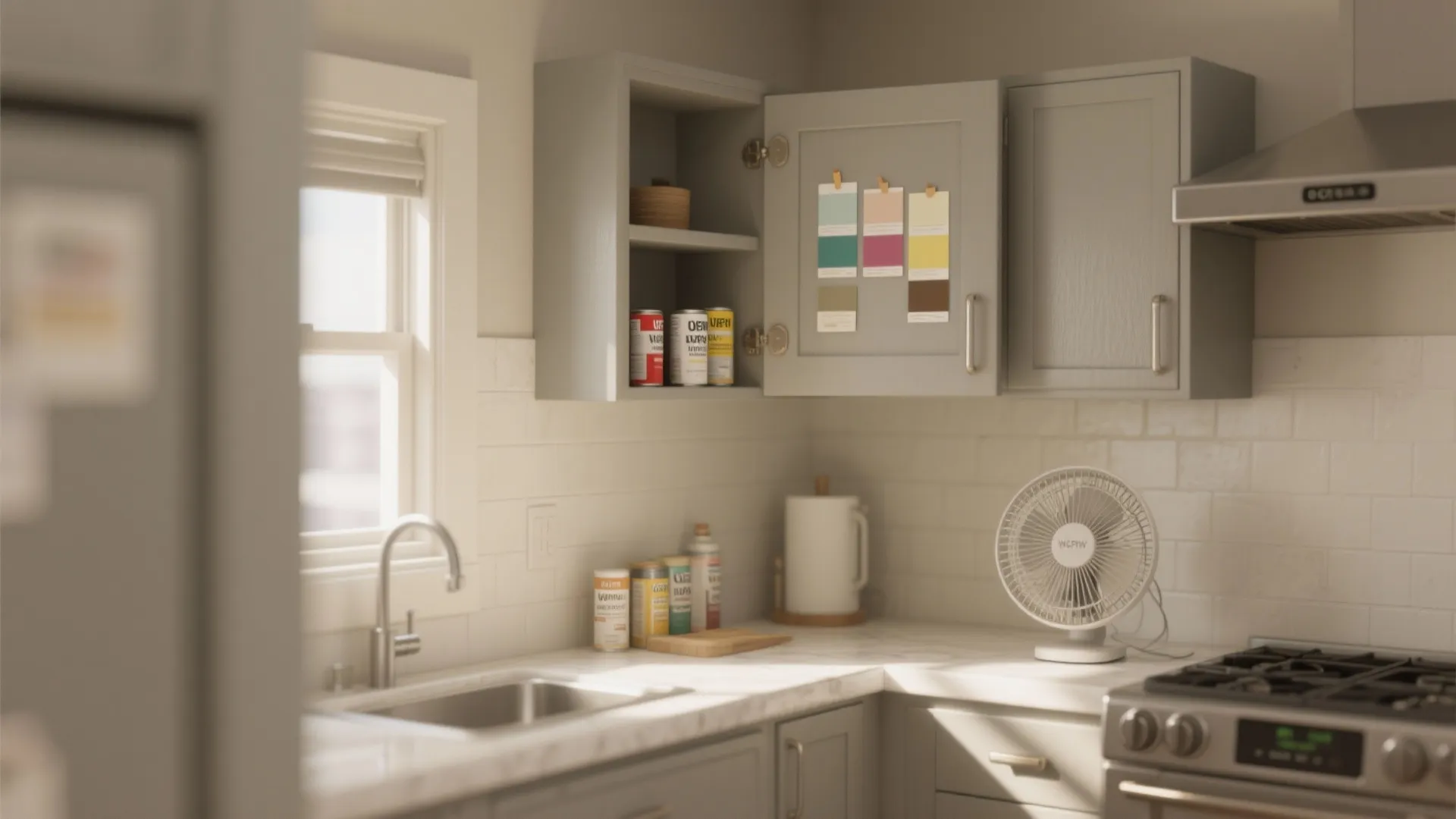 Small kitchen scene with warm-gray walls, paint tester chips, and ventilation items illustrating painting FAQ tips.