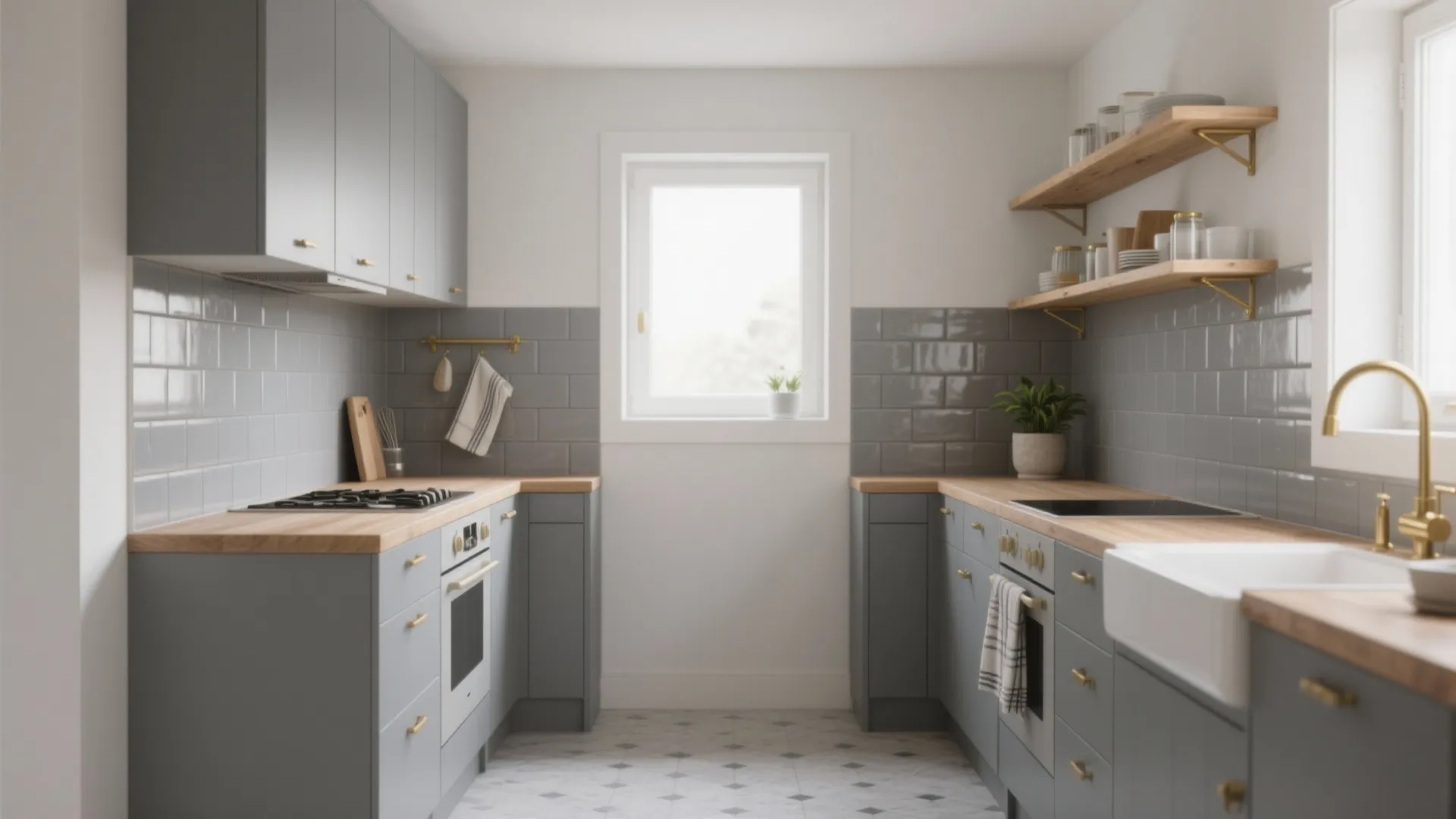 Modern grey kitchen with wooden countertops white sink grey wall tiles and light wood shelves
