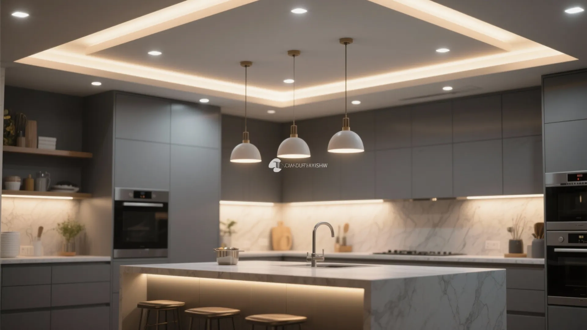 Grey kitchen interior design with white ceiling light fixtures over marble island and warm lighting