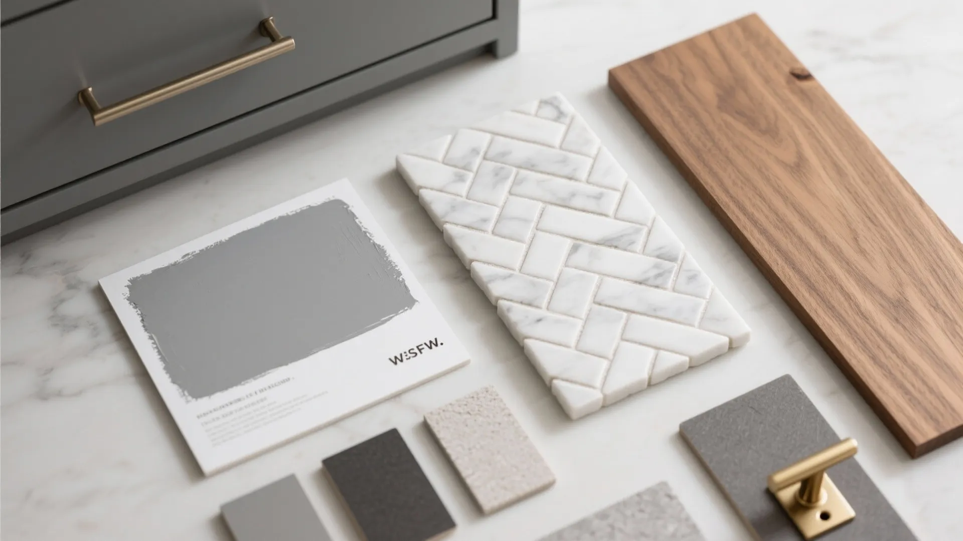 Material samples showing gray paint white marble tile wood plank and a gold metal handle