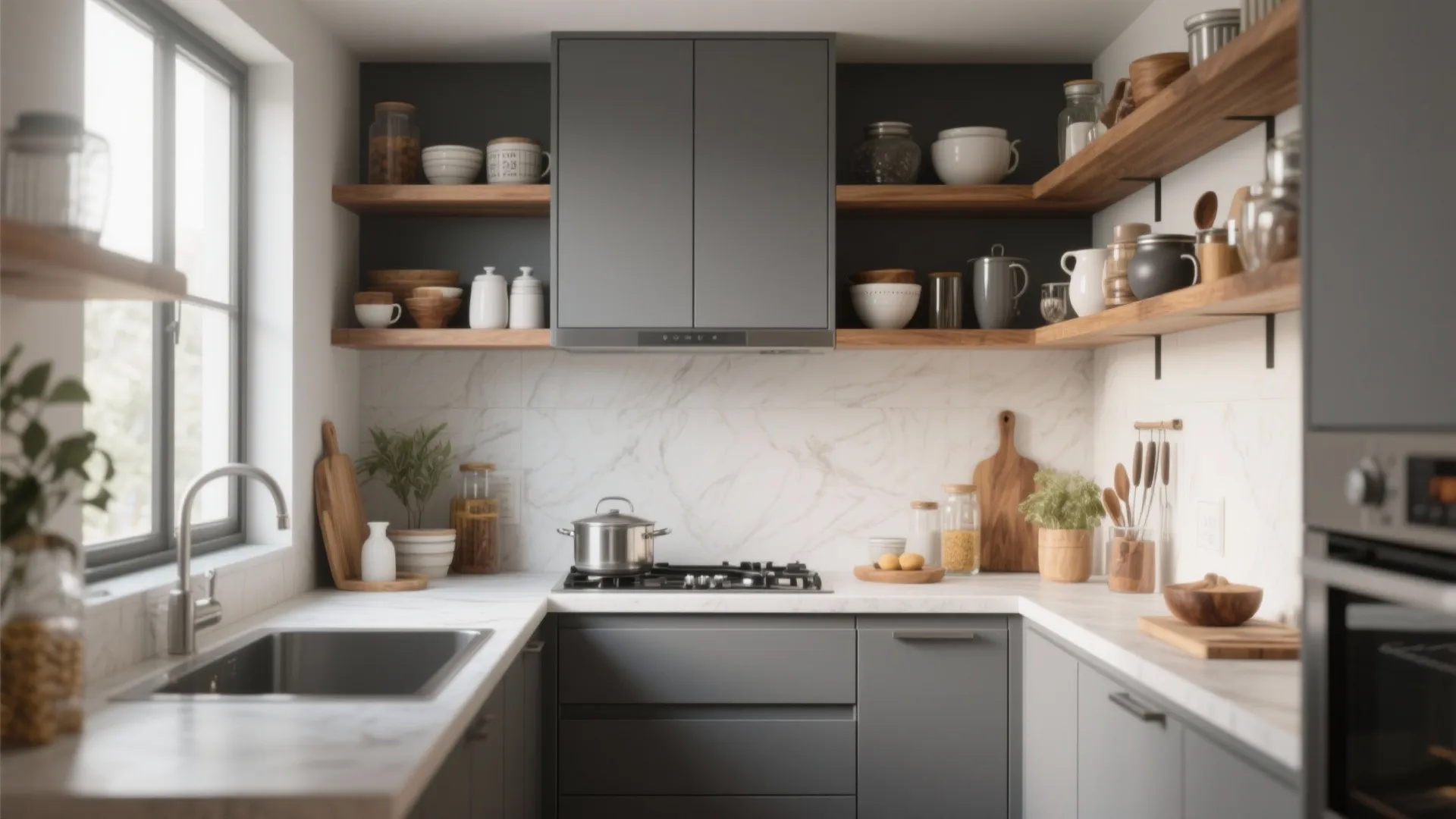 Small gray kitchen interior with wooden shelves marble countertop steel sink and stove near the window
