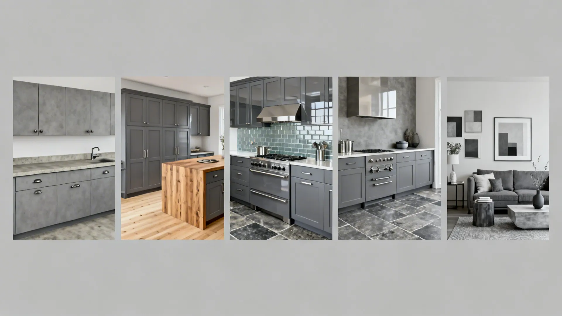 Top-down collage of five gray kitchen material themes on a neutral background.