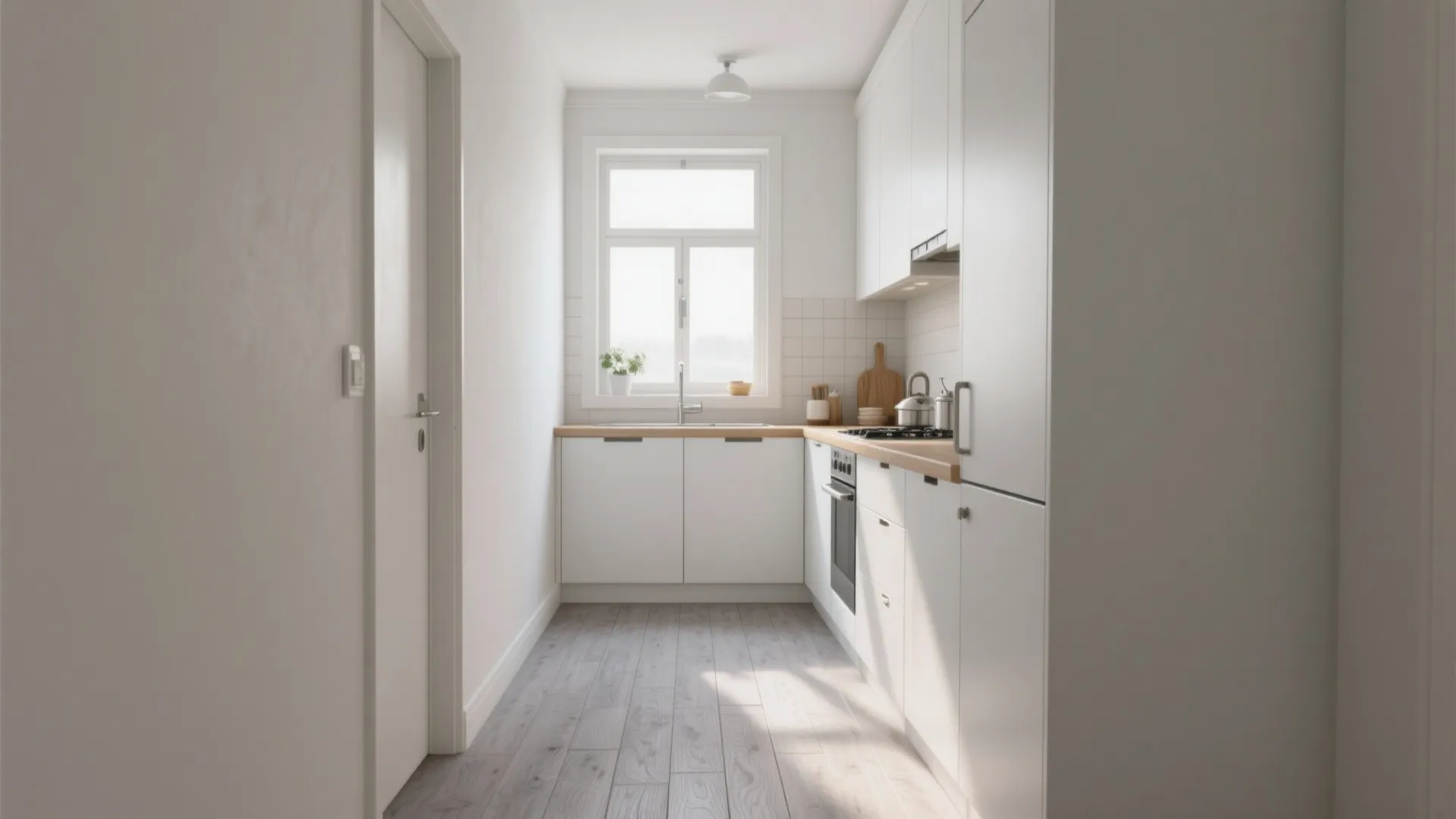 Bright minimalist kitchen featuring white cabinets wooden countertops a small window and light wood floors