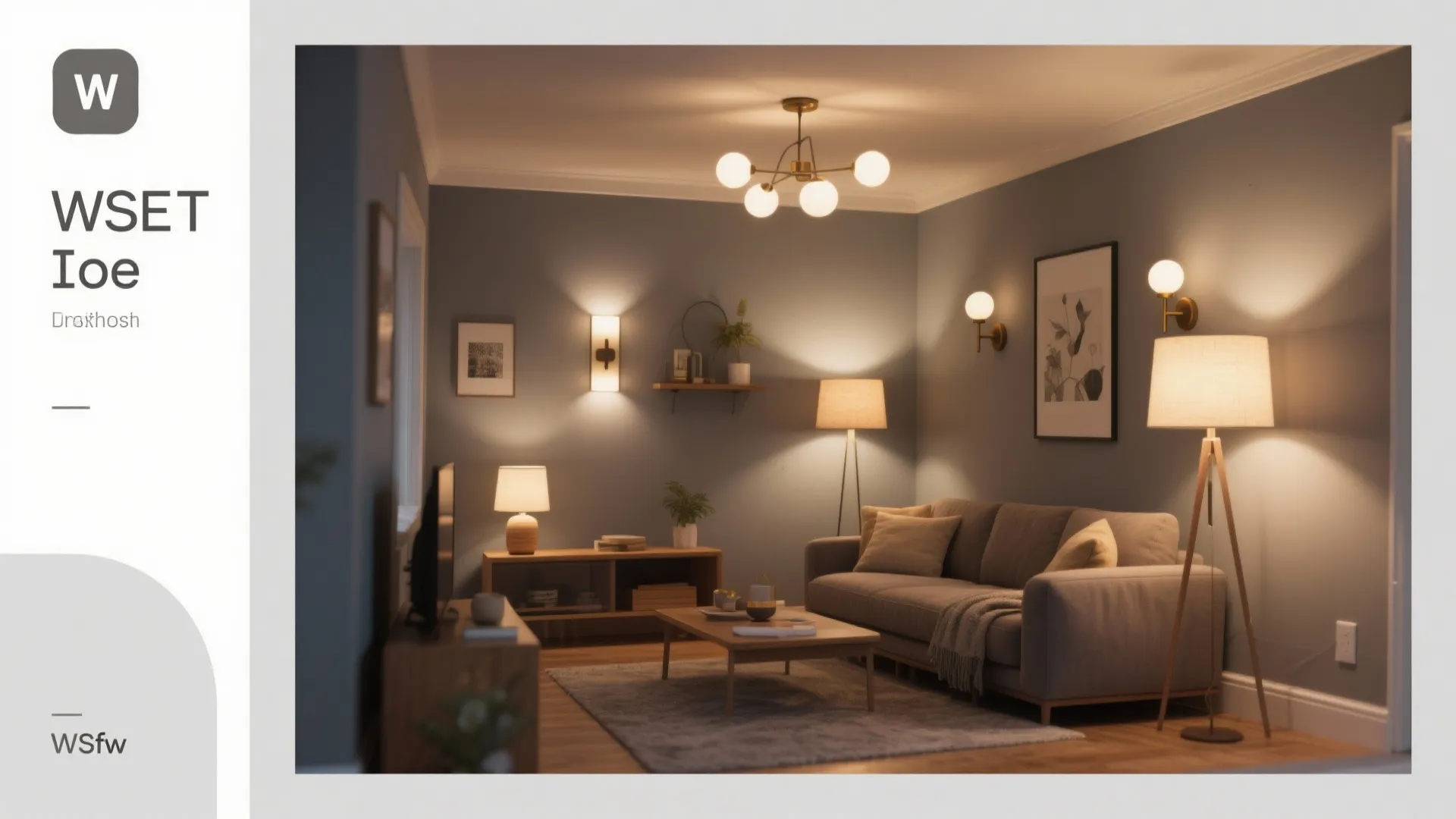 Warm living room with gray walls featuring a ceiling light wall lights and floor lamps