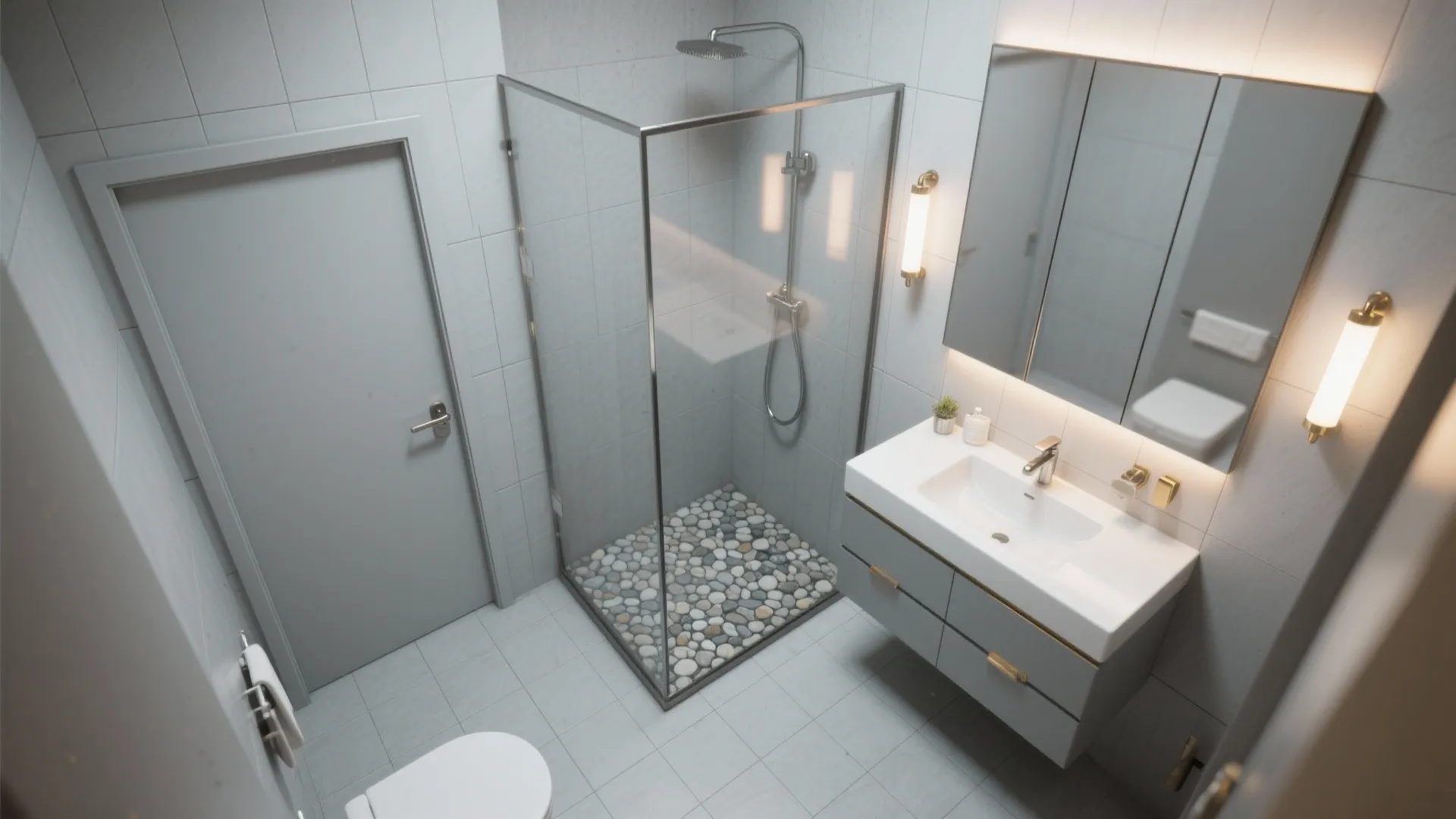 Idea 3: For tiny baths, use light gray + large format + mirror tricks