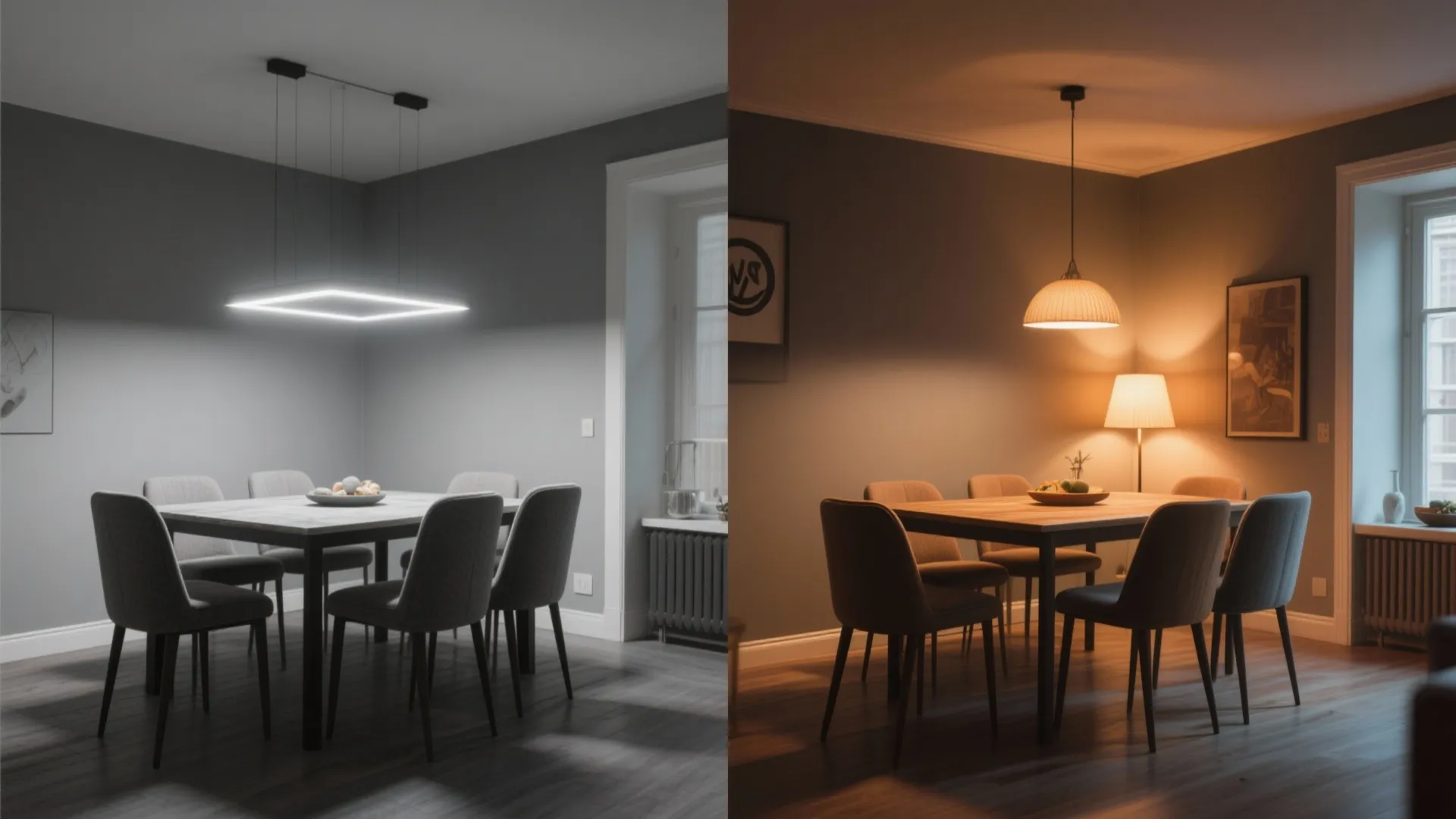 Before and after comparison showing cold white light versus warm yellow light in dining room