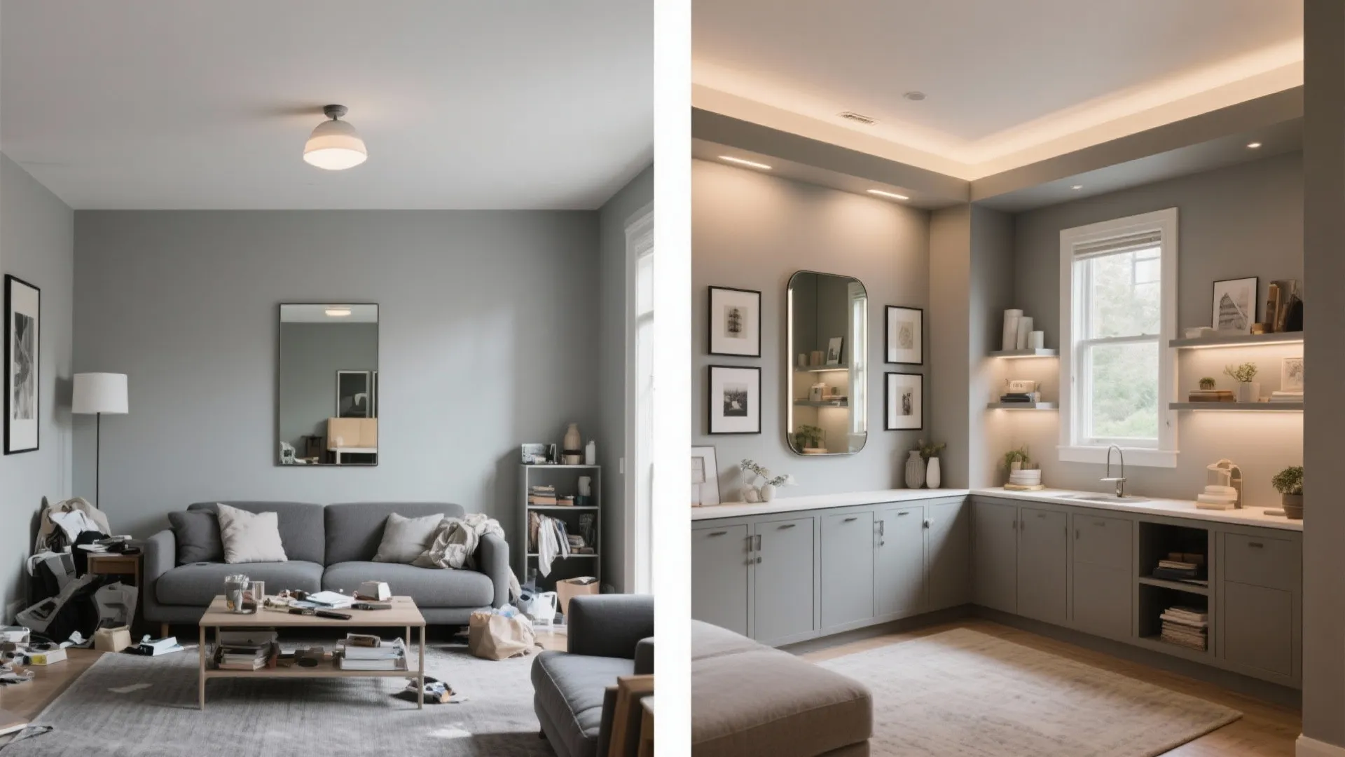 Before and after comparison of a messy living room versus a clean organized home office