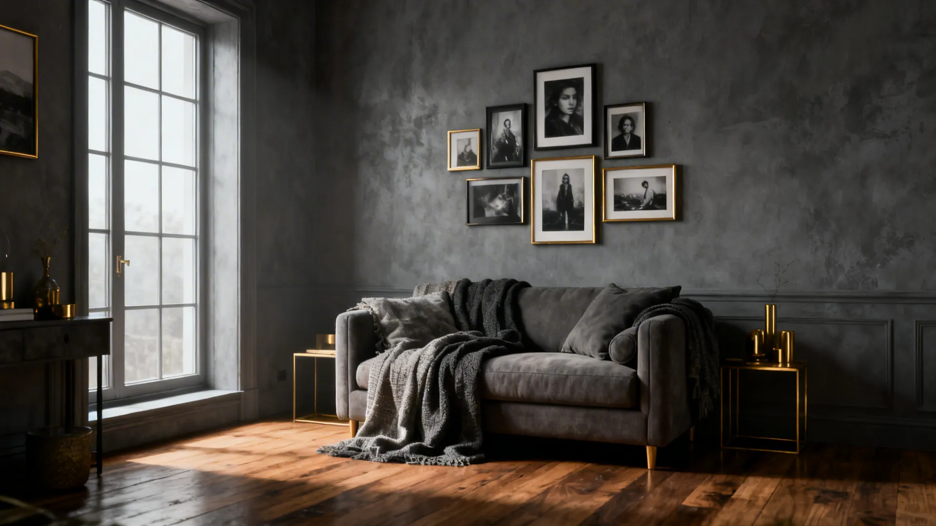 Dark living room featuring gray sofa gallery wall golden side tables wooden floor and light