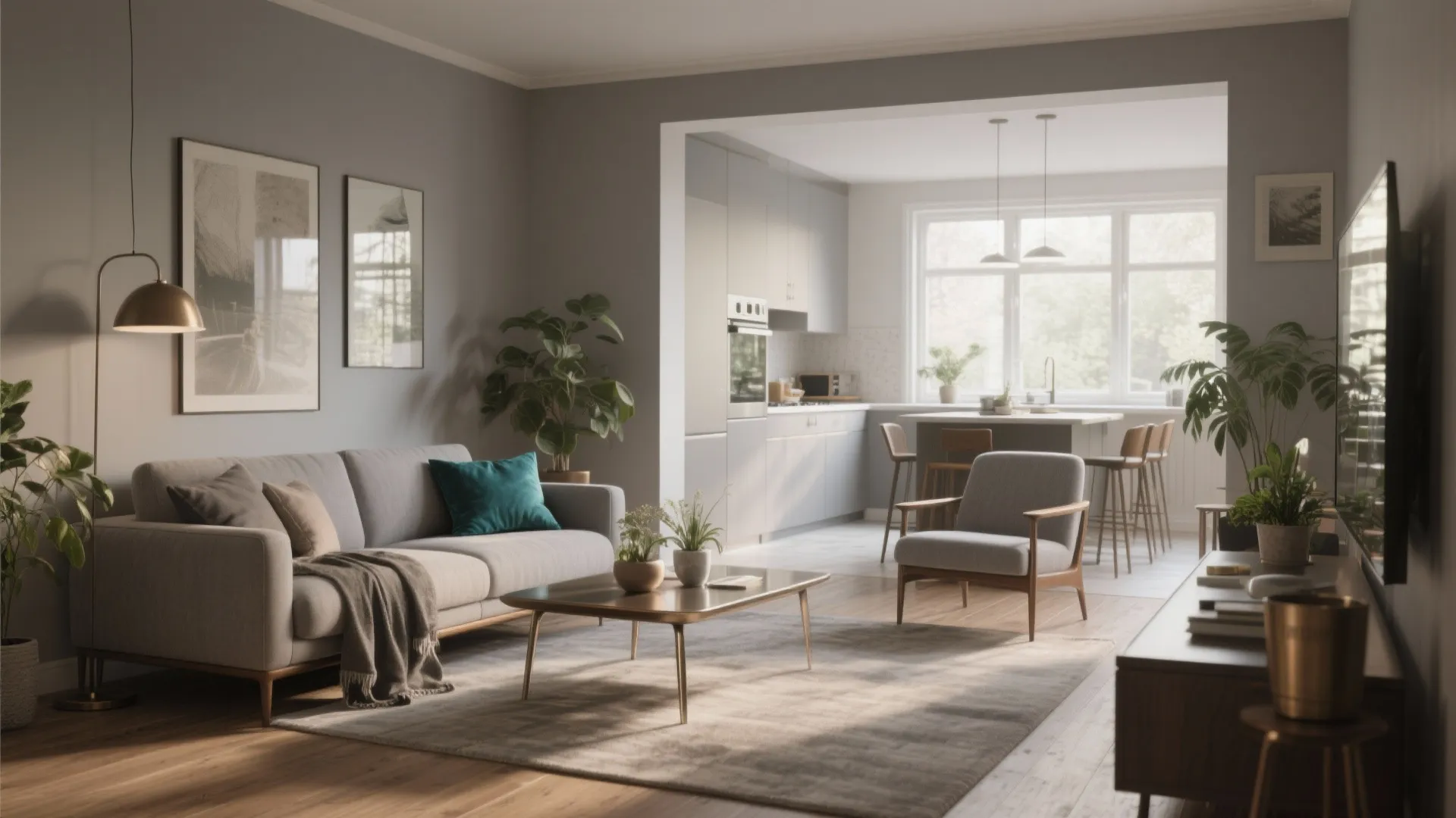 Modern open living room with grey sofa armchair coffee table kitchen island and large bright windows