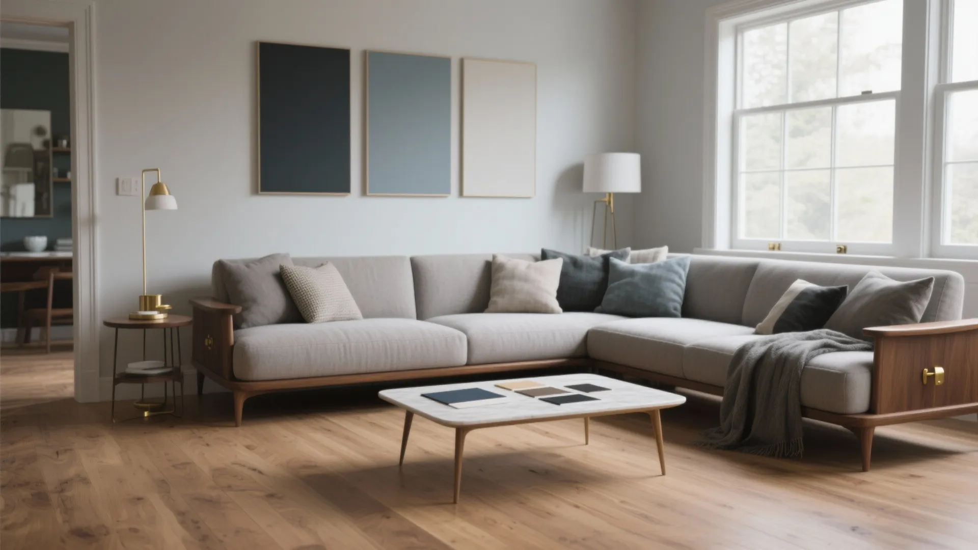 Modern living room with grey sofa, three wall art frames, marble coffee table and floor