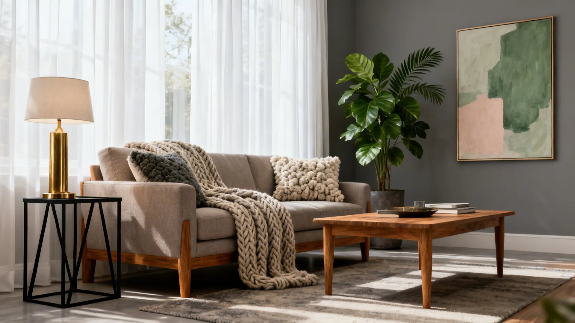 Modern living room with gray sofa wooden coffee table gold table lamp and large plant