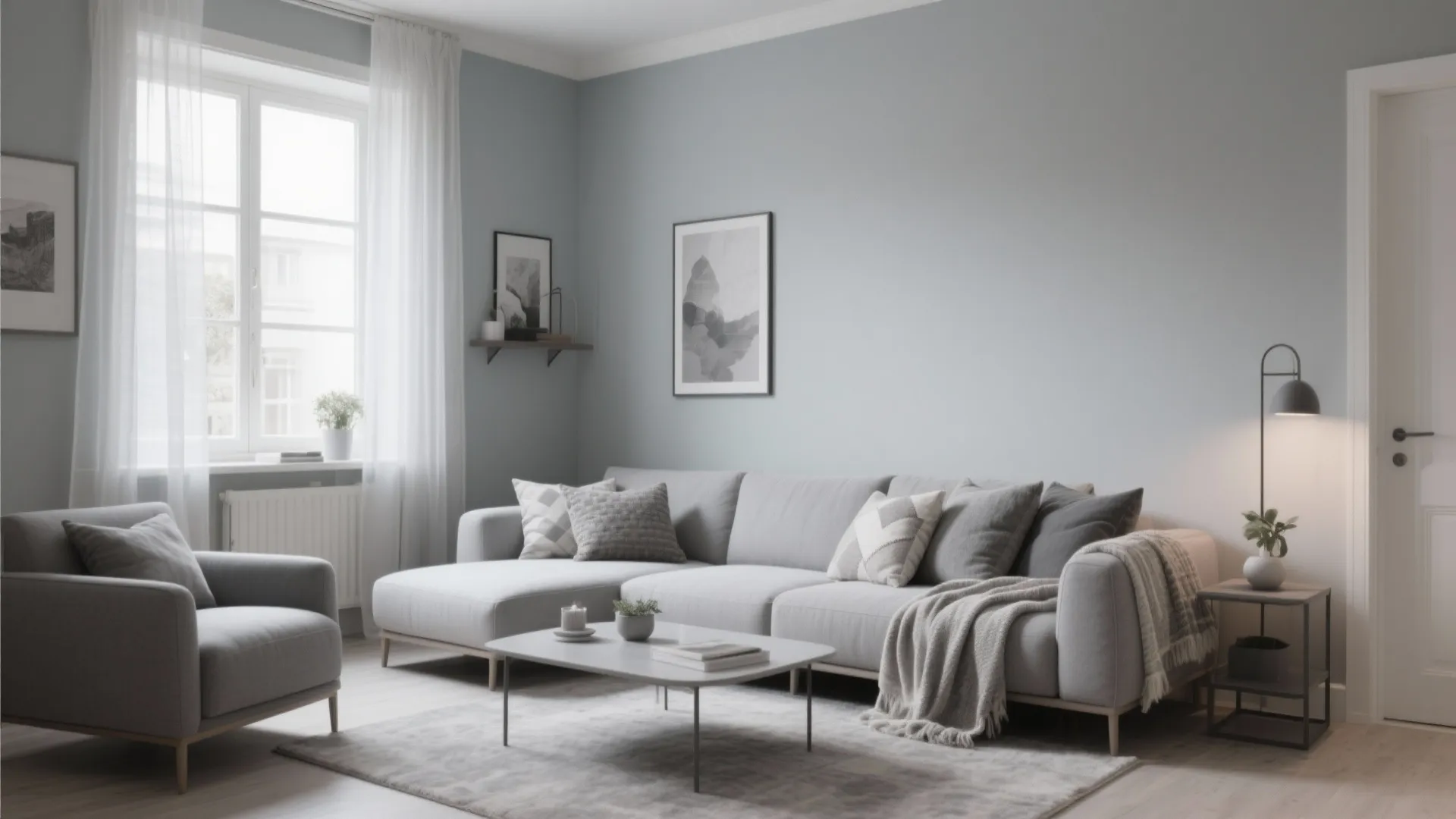 Minimalist grey living room with large sofa arm chair coffee table rug and white window curtains