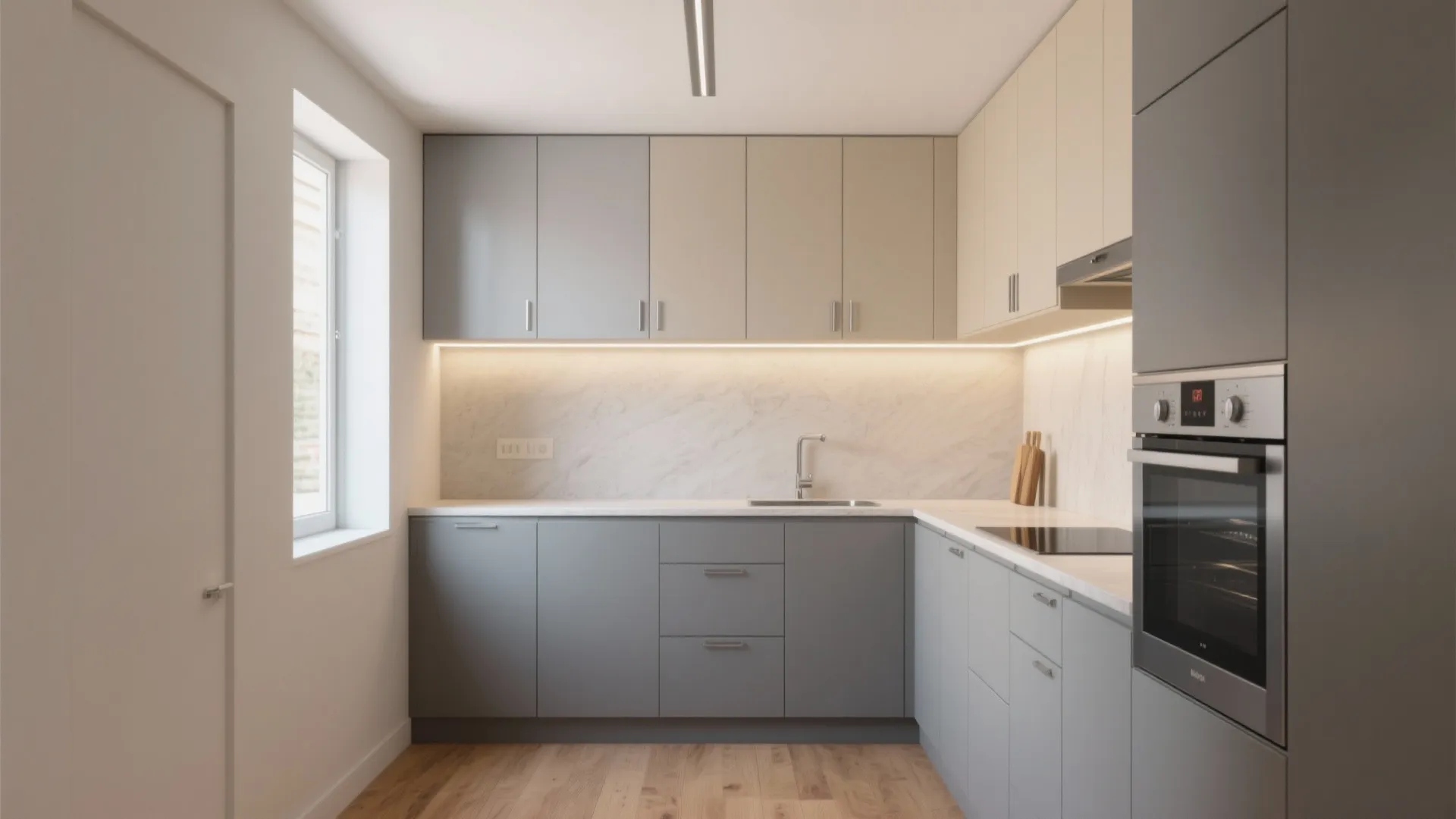 Modern kitchen with gray lower cabinets beige upper cabinets marble backsplash wood floor and built-in oven