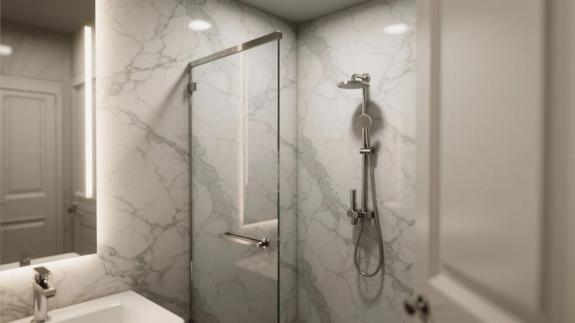 Shower alcove with gray marble-effect vinyl wallpaper and frameless glass