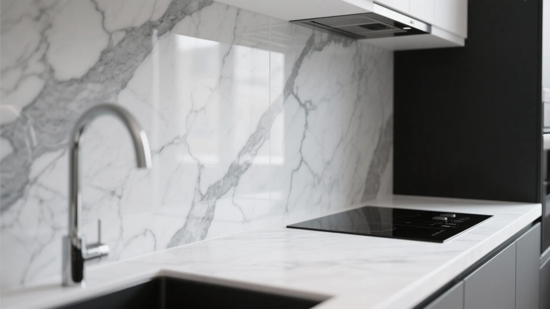 Close up of white marble wall and countertop with silver faucet and black electric stove