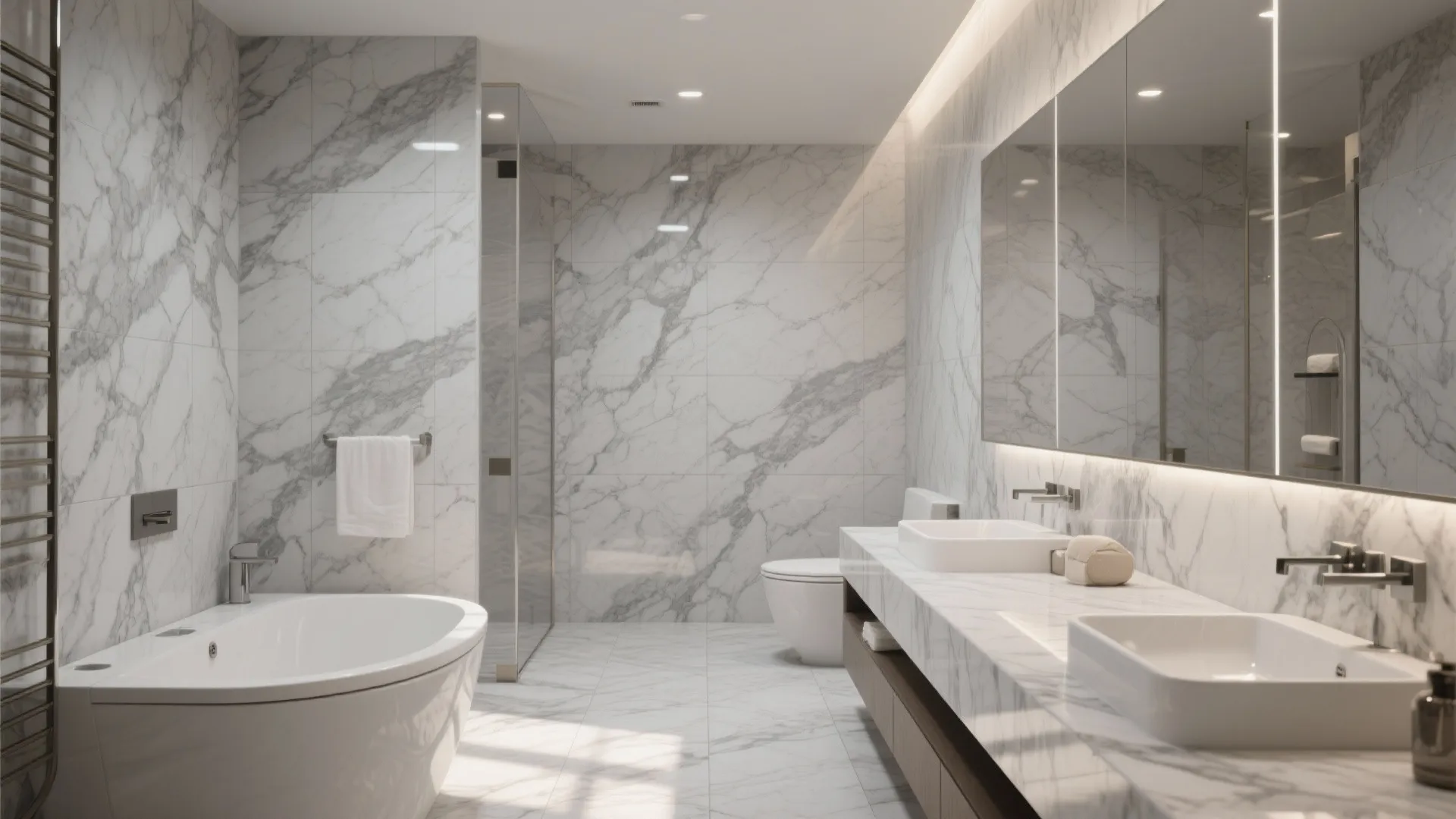 Luxury bathroom with white marble walls matching floors white bathtub double sinks and large glass mirrors