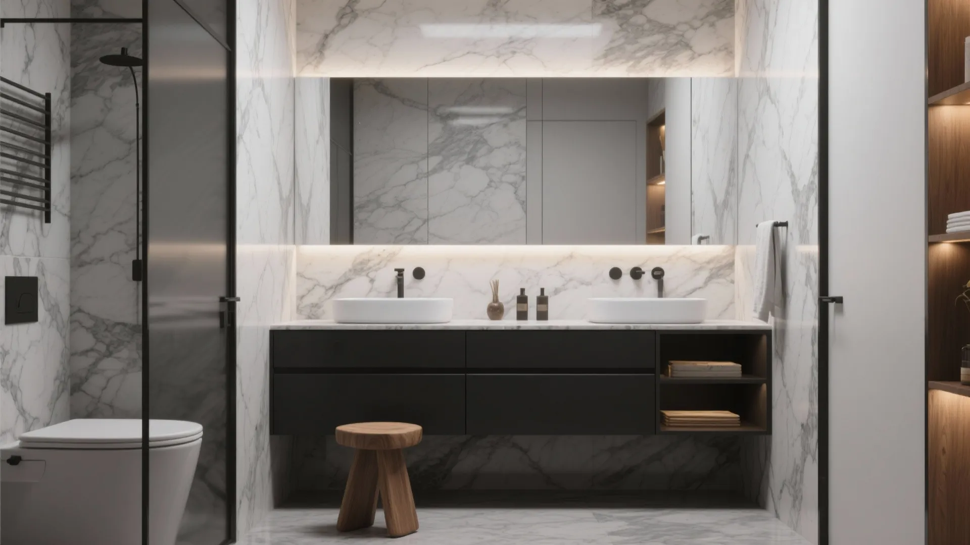 Modern bathroom with marble walls a black cabinet double sinks a large mirror and wooden stool