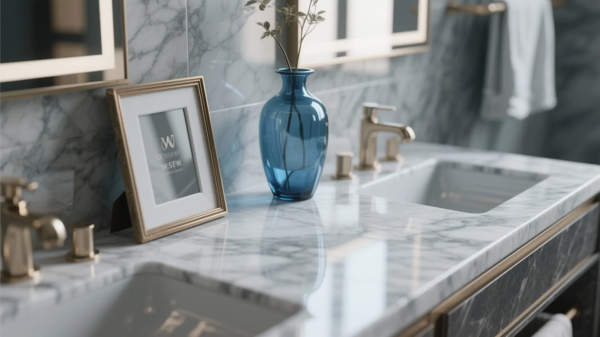 White marble sink counter with blue glass vase picture frame and gold sink water tap