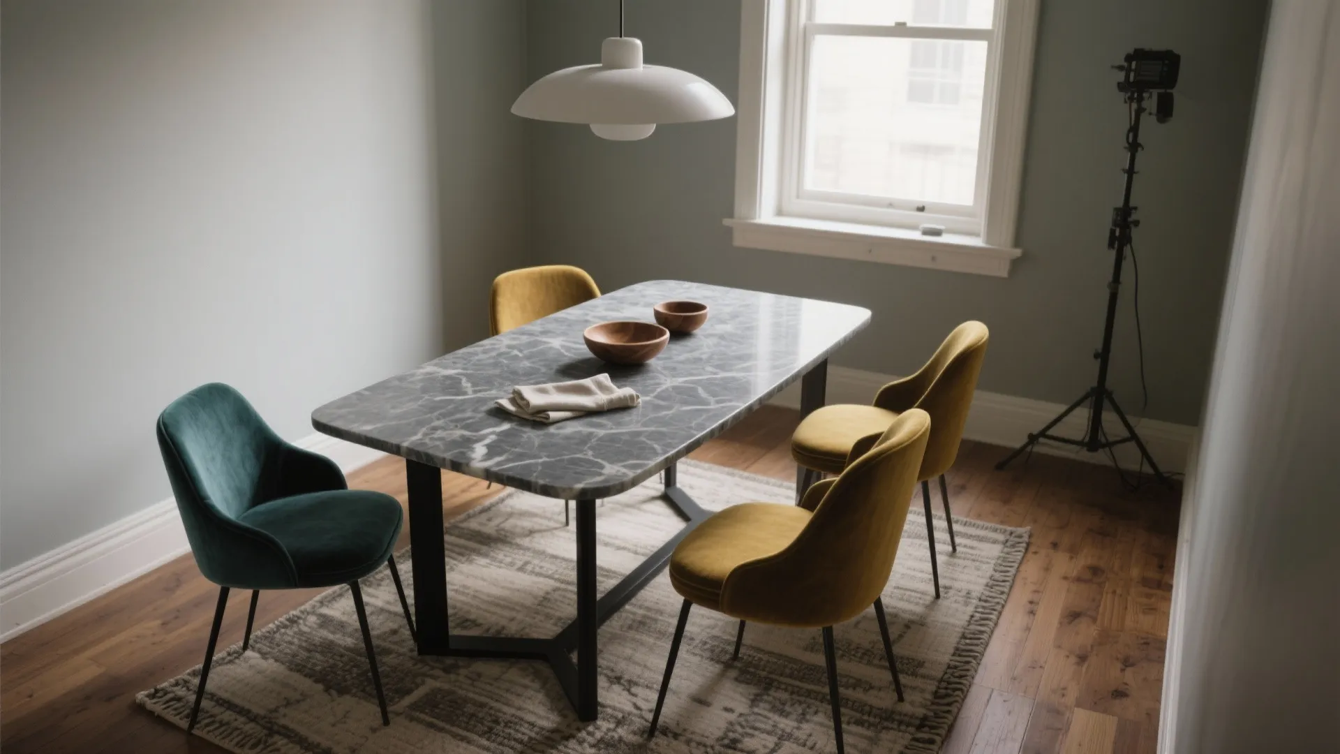 Modern dining room with gray marble table velvet chairs ceiling light rug and large window