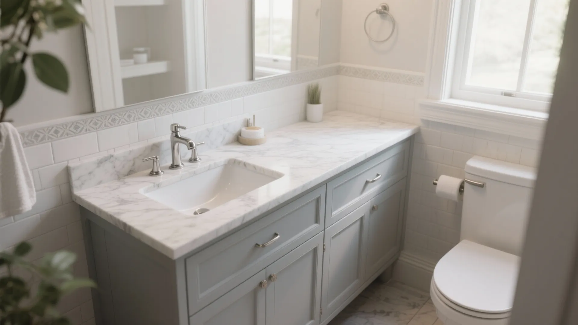3. Two-tone vanity: light gray base with marble top