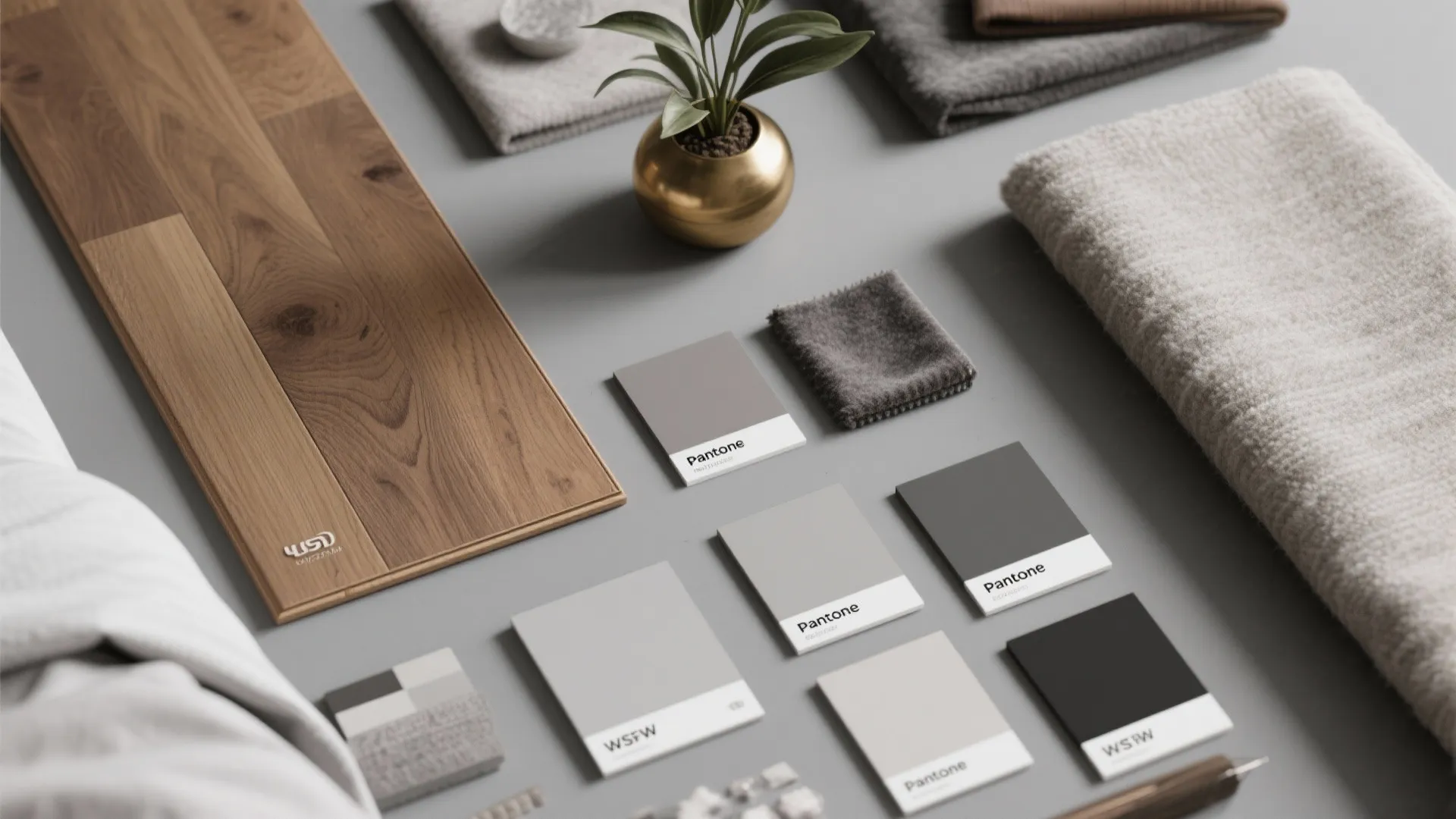 Flatlay of gray fabric swatches, wood and brass samples for bedroom planning