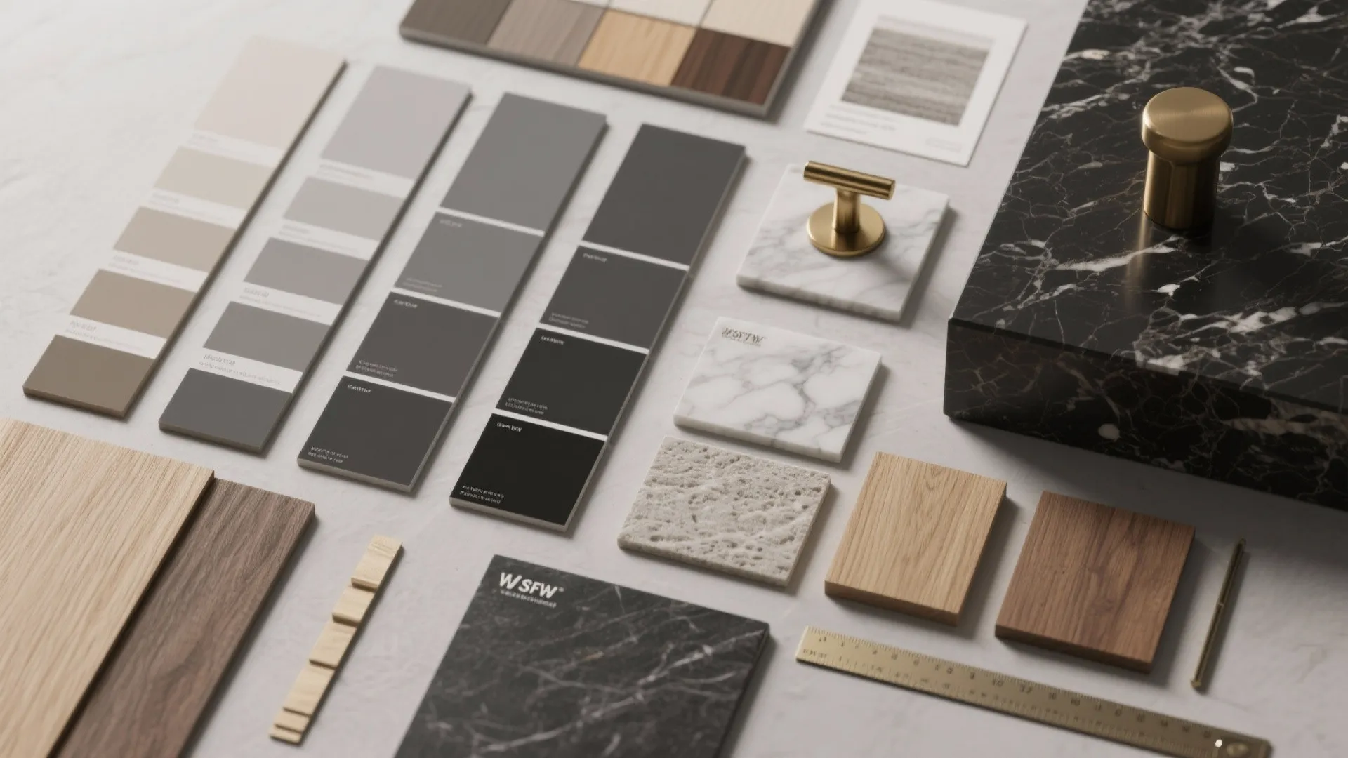 Top-down flatlay of gray paint swatches, wood samples, brass hardware and countertop samples