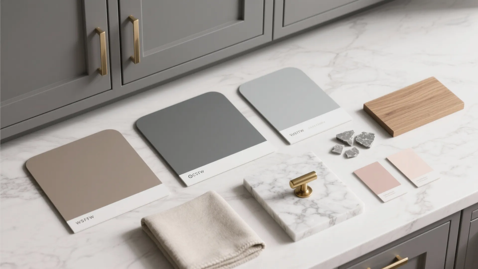 Flatlay of paint swatches, wood and countertop samples for designing with gray cabinets.