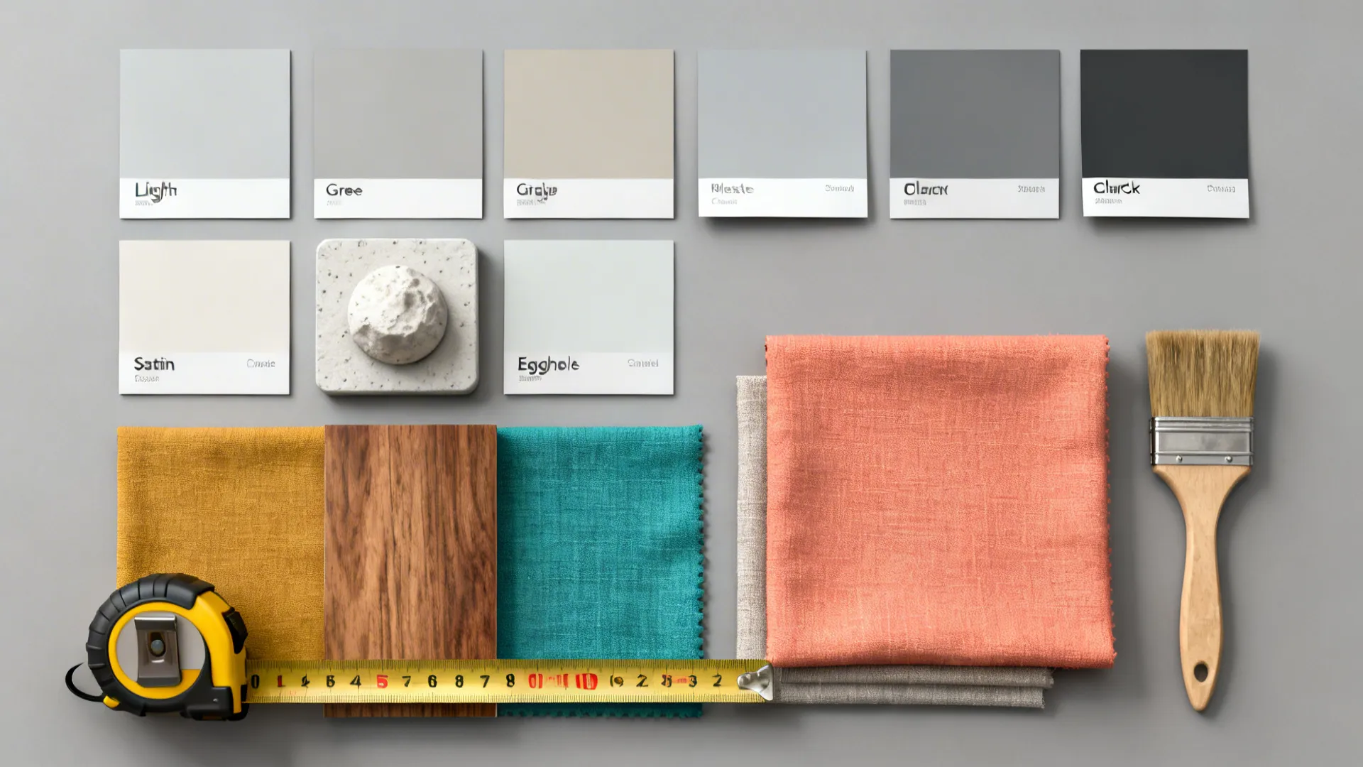 Flatlay of paint swatches, plaster sample, finish cards and fabric samples for gray living room planning