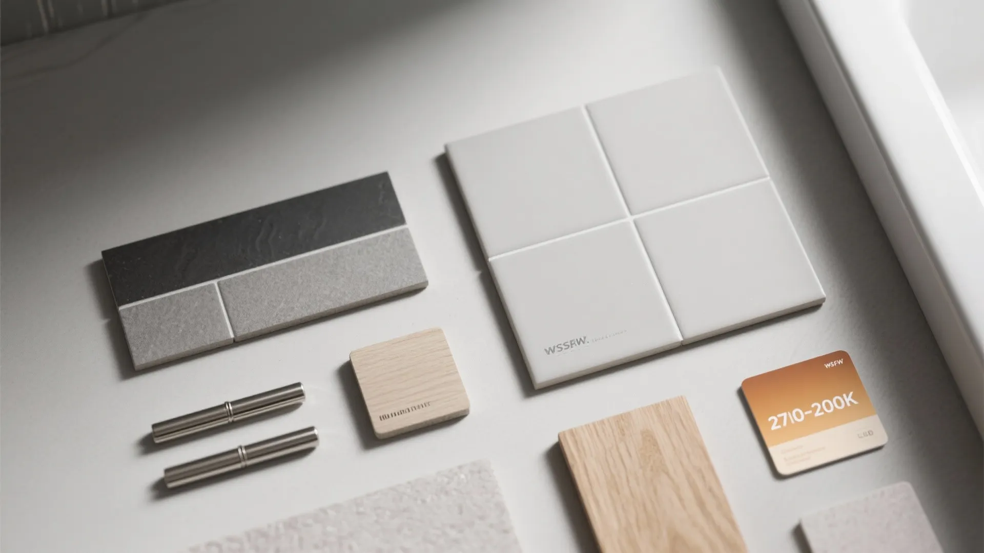 Material sample collection with gray tiles, wood pieces, metal rods, and an orange color swatch