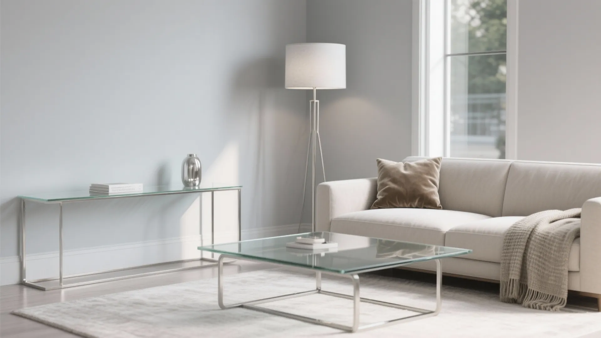 Minimalist living room featuring a white sofa glass coffee table metal side table and floor lamp