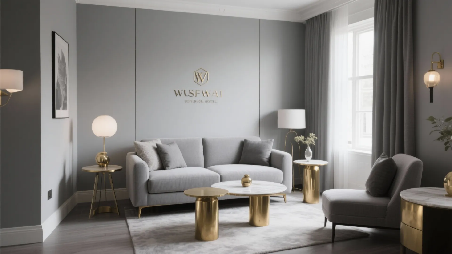 Gray living room featuring gold metal side tables gray sofa matching chair and white floor lamp