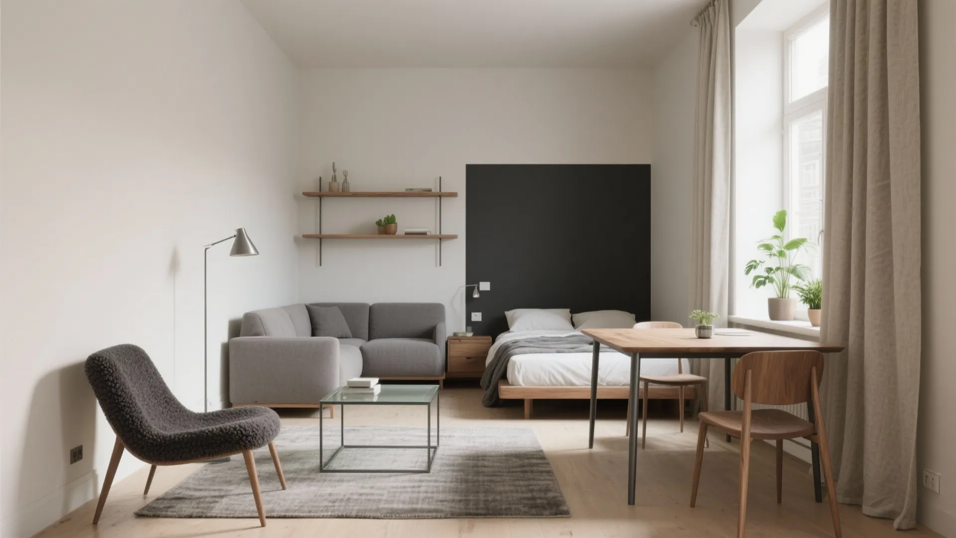 Modern studio apartment room layout with grey sofa bed wooden table chair and floor lamp