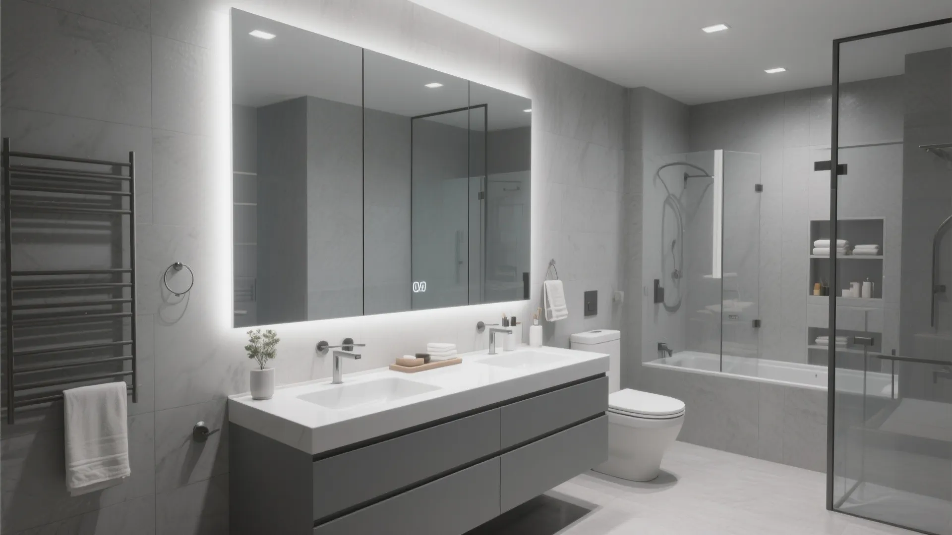 Modern grey bathroom featuring a large glowing mirror above a double sink cabinet and bathtub