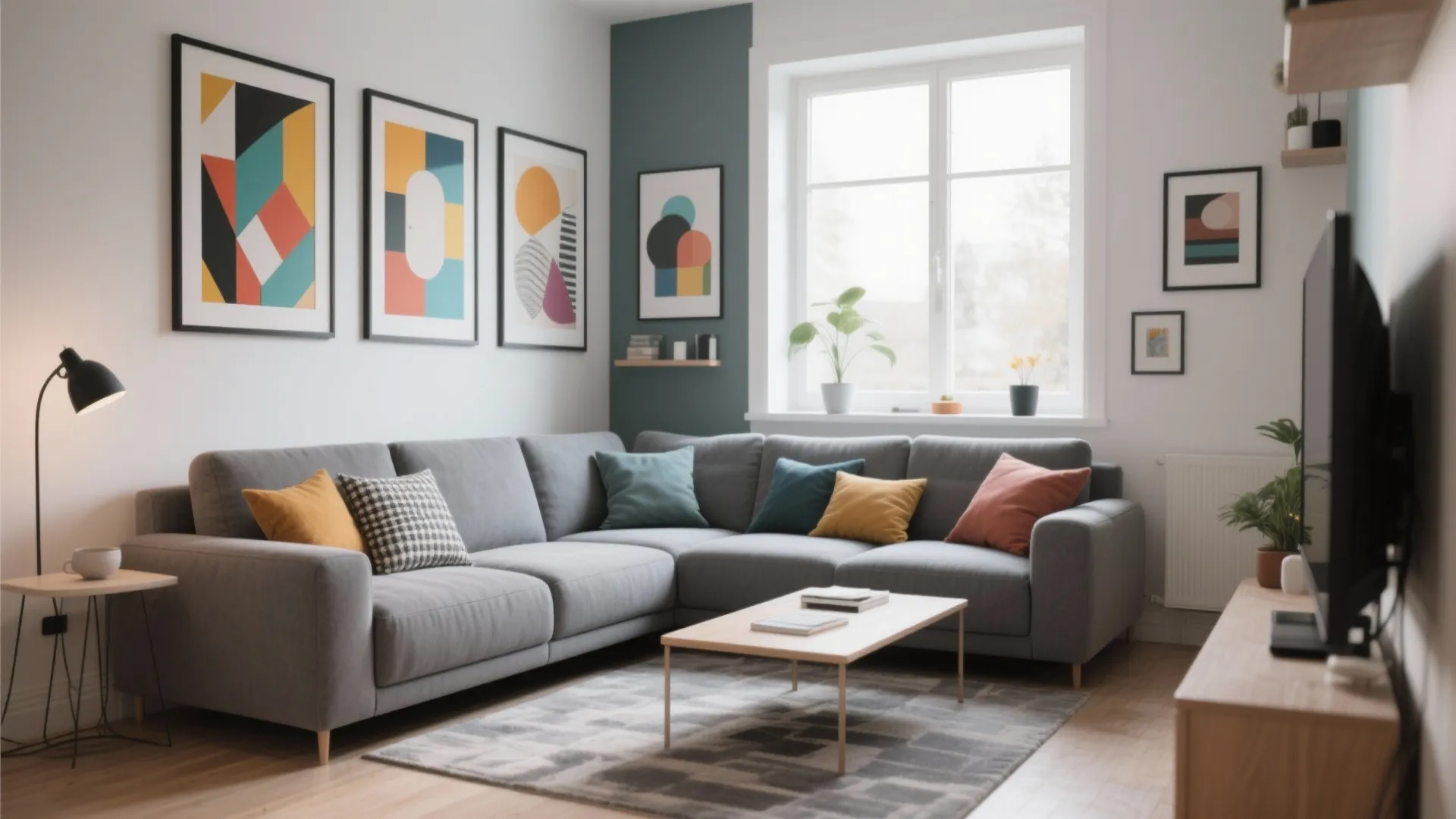 Modern living room with gray sofa colorful cushions wooden coffee table and wall art decorations