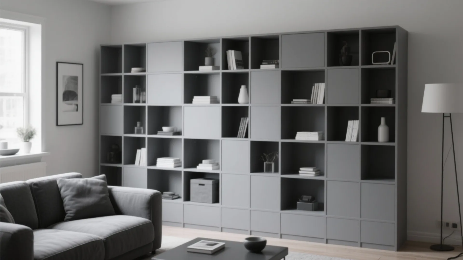 Modern grey modular wall cabinet with open shelves for books and decor in living room