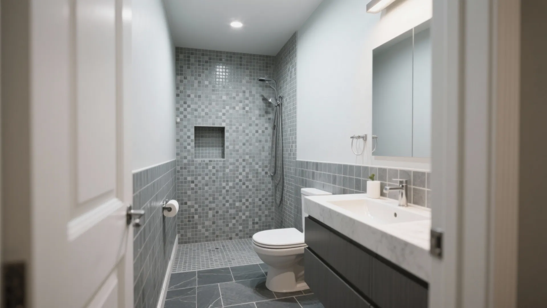 Modern bathroom showing gray mosaic shower tiles white sink gray cabinet toilet and dark floor