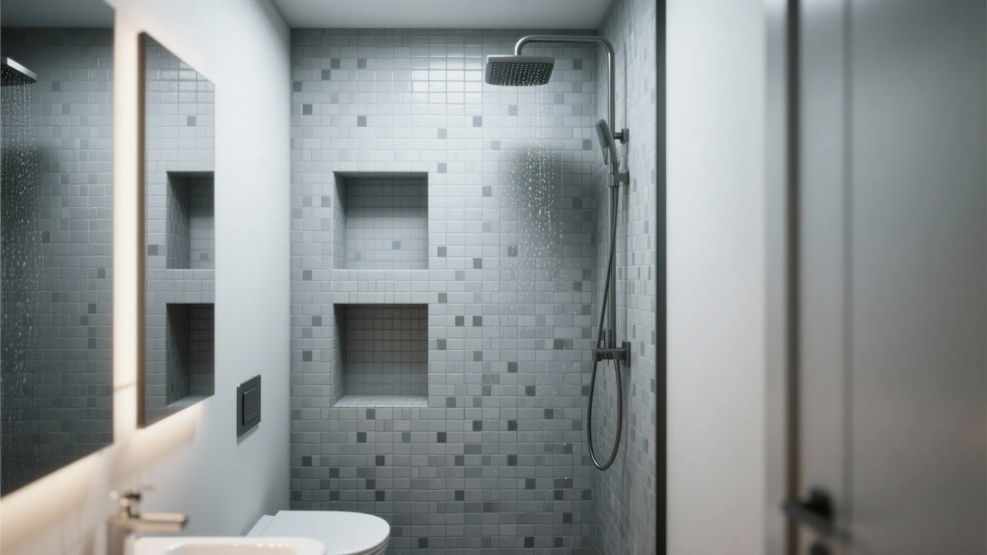 Minimalist shower area featuring gray mosaic tiles wall niches black shower head and white toilet