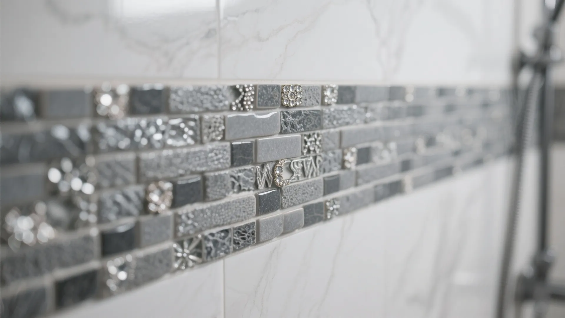 Close up of gray mosaic tile border with small decorative jewels on a white wall