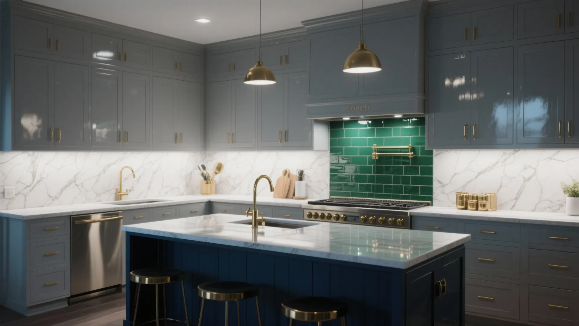 Light gray cabinets contrasted with a deep navy island and emerald backsplash with brass hardware.