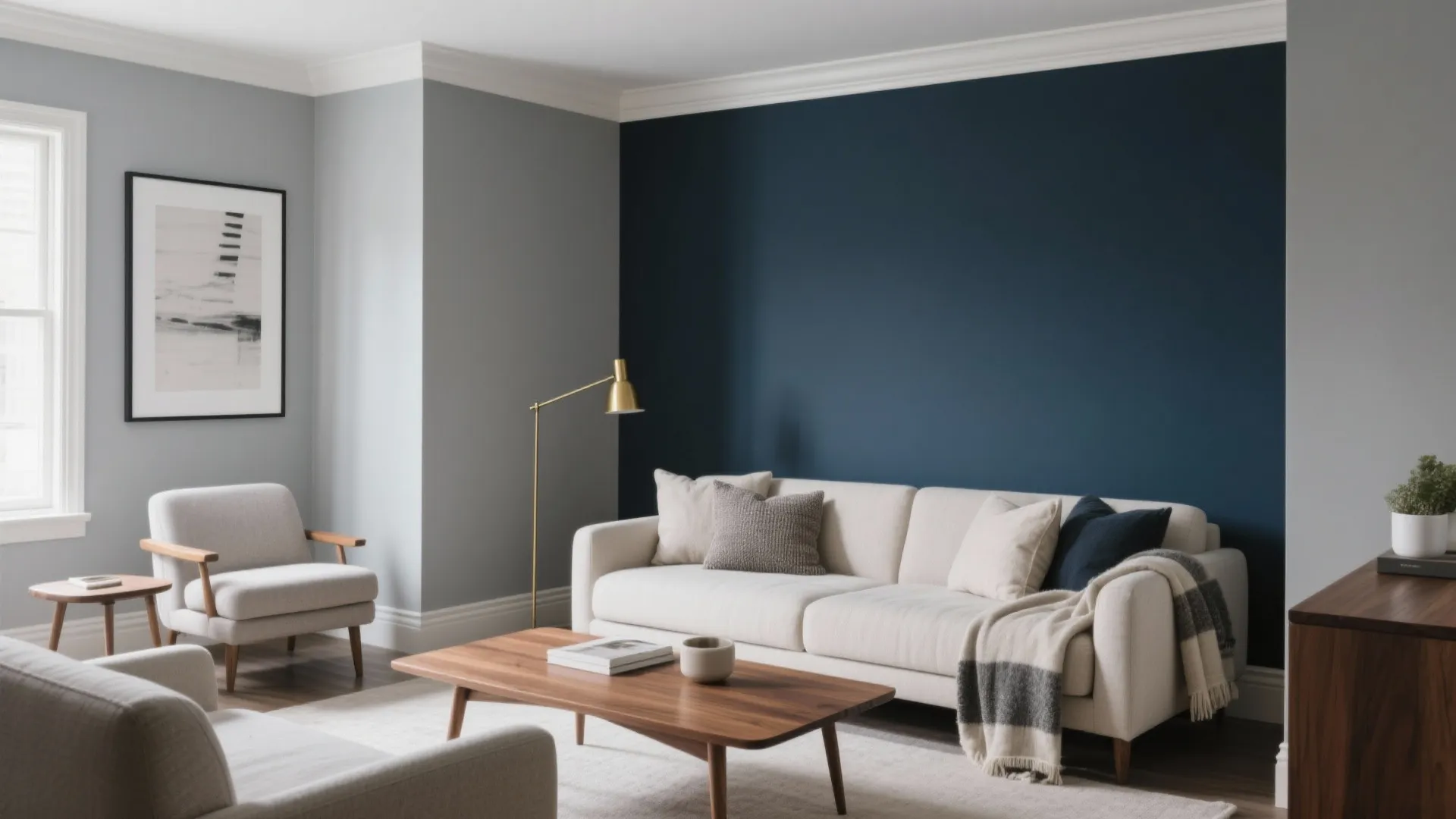 Modern living room featuring navy blue accent wall beige sofa wooden coffee table and floor lamp