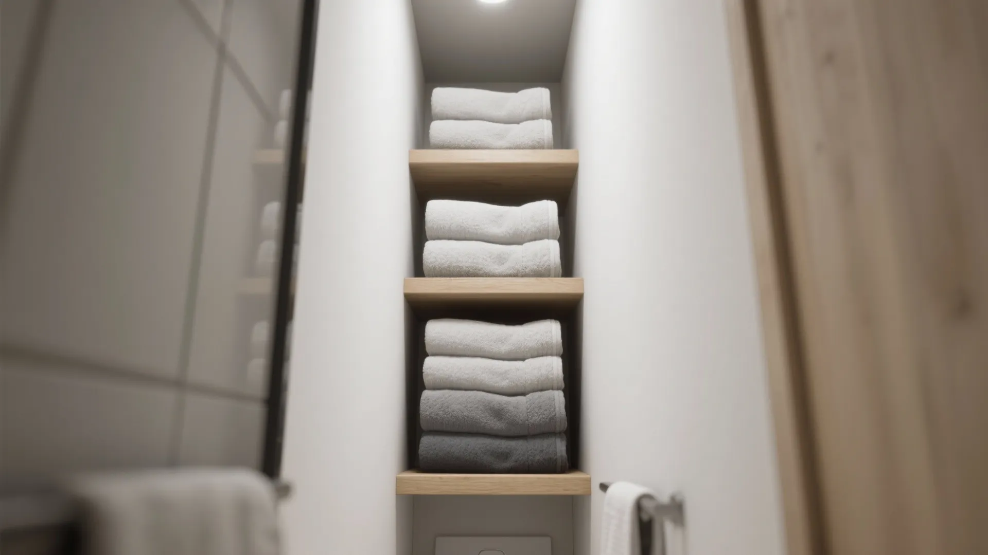 Neat wooden shelves stacked with folded gray towels in a clean white bathroom wall storage niche