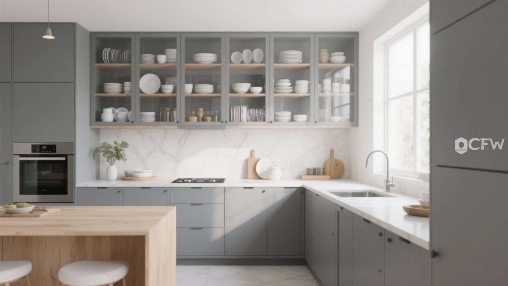 Gray cabinets with open wood shelving and glass-front uppers showcasing curated dishware